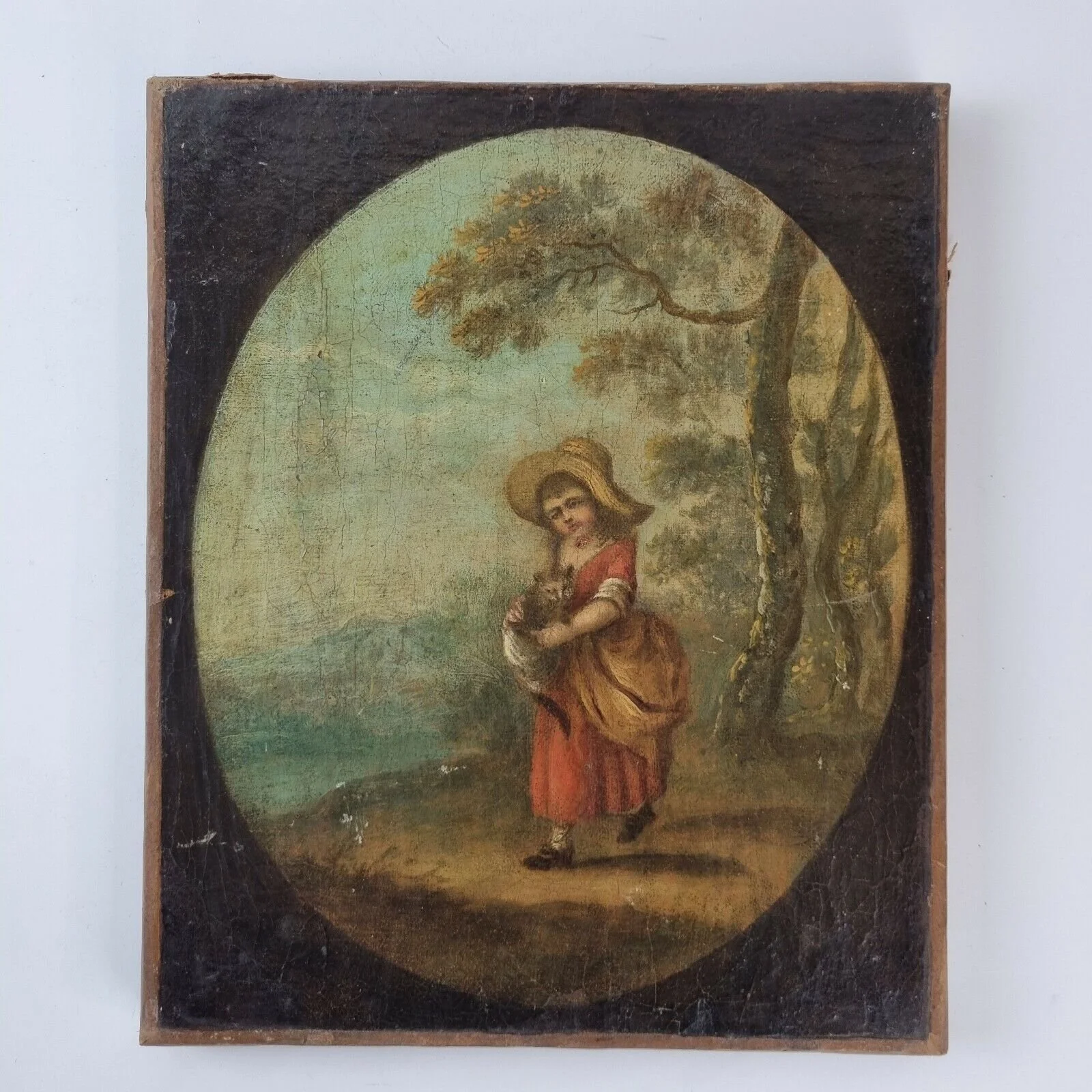 Antique 19th Century Oil On Canvas Painting Girl In Straw Hat Carrying A Cat