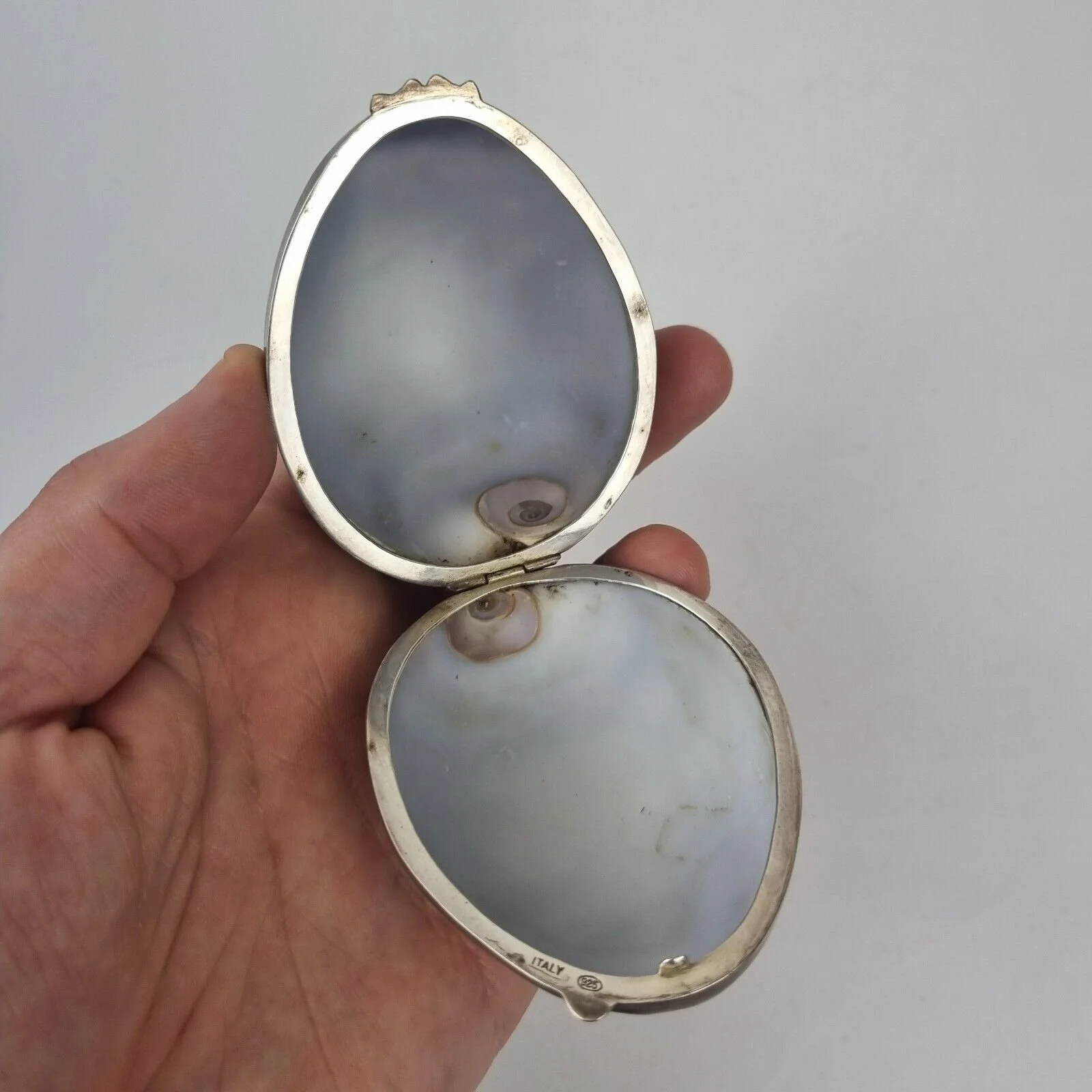 Vintage Italian Silver Mounted Cowrie Shell Box Stamped "Italy 925