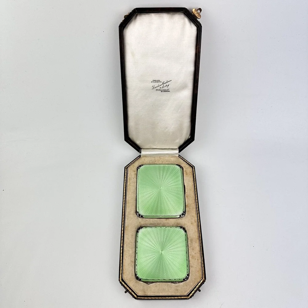 guilloche enamel cigarette case Cigarette Case Enamel Boxed Antique Solid Silver Green Guilloche Enamel  Cigarette Box