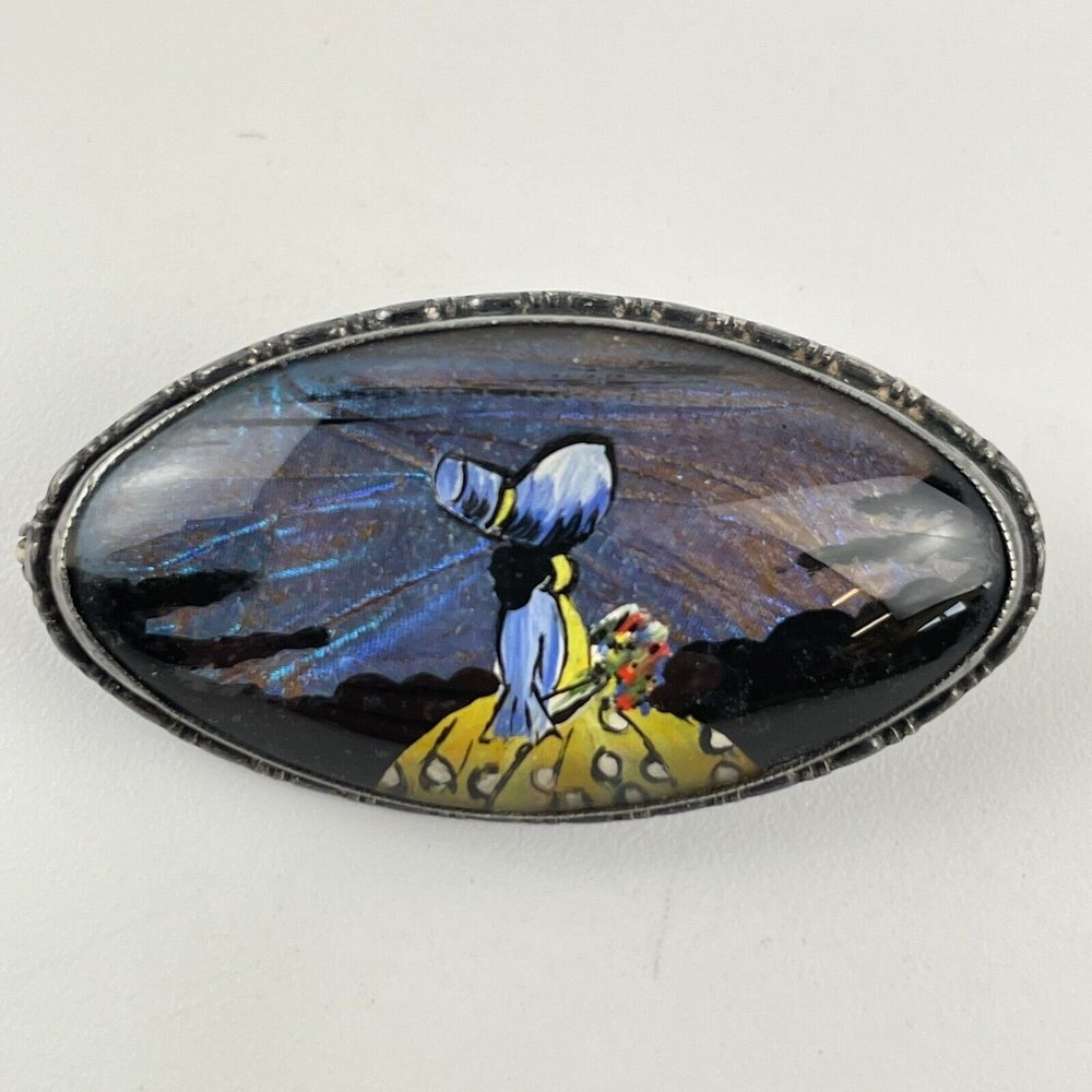 Vintage Solid Silver Butterfly Wing Brooch Painted Lady In A Dress - Main Image