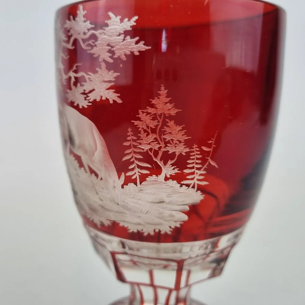 Antique 19th Century Bohemian Red Cameo Glass Goblet Engraved With Deer  14.8cm  Wheeler Antiques