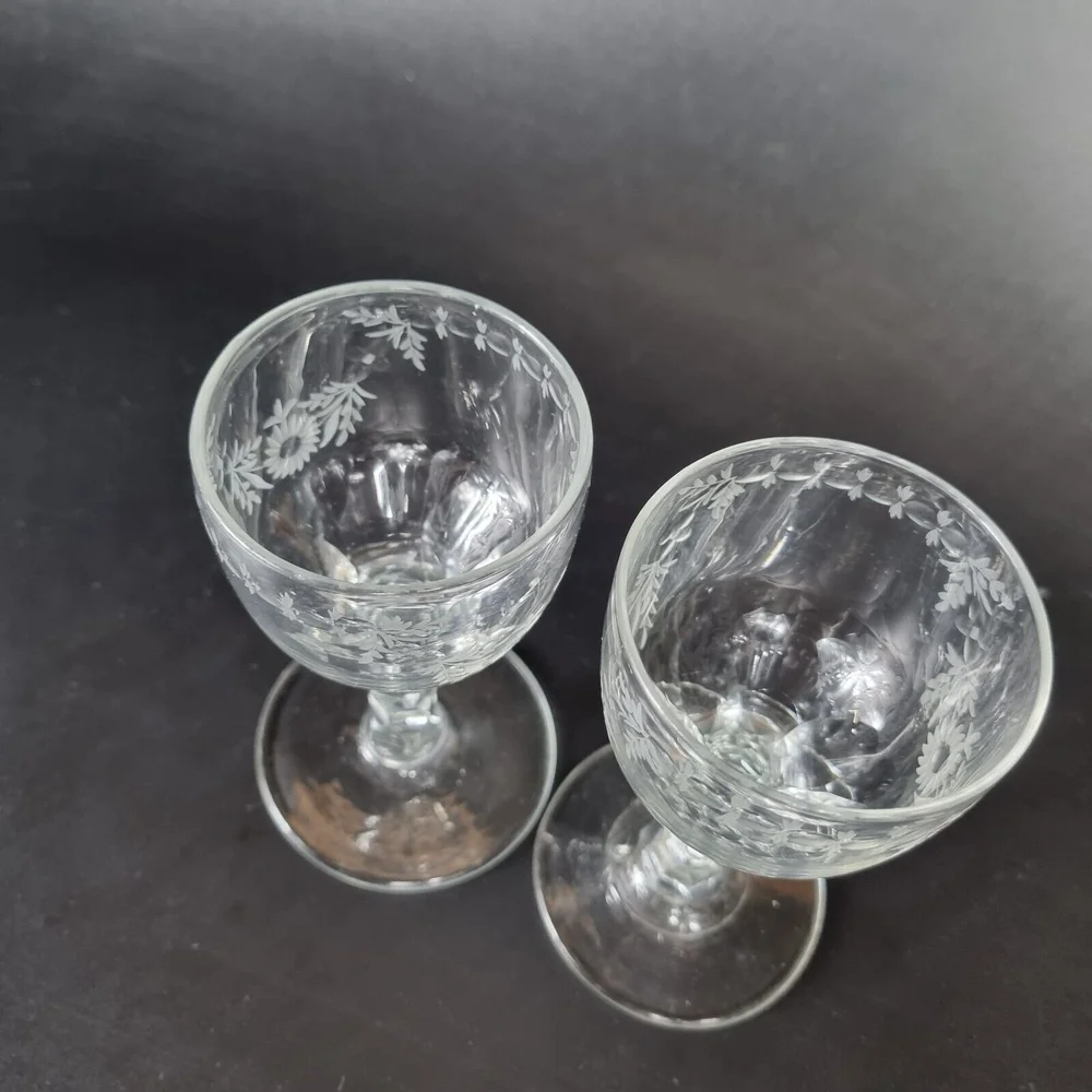 Antique 18th Century Set 4 Drinking Glasses Engraved Cup Bowls & Facet Cut  Stems  Wheeler Antiques