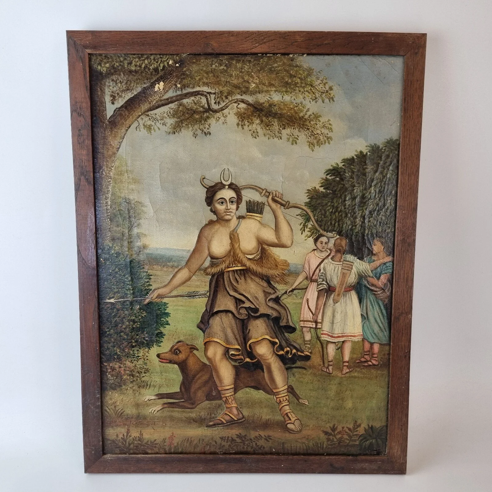 Antique 19th Century Oil On Canvas Mythological Scene Diana The Huntress
