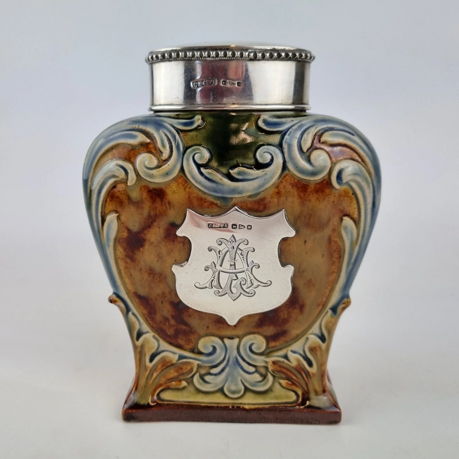 Antique 19thC Silver Mounted Doulton Lambeth Tea Caddy "Honest Tea Is The Best..