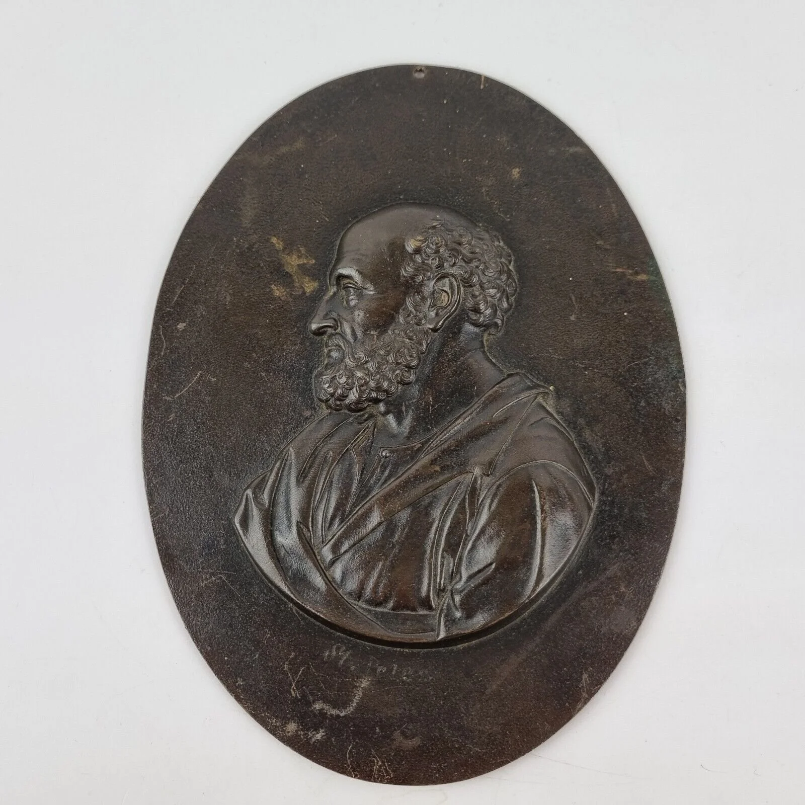 Antique 19th Century Bronze Portrait Relief Plaque Of St. Peter 19.6cm high