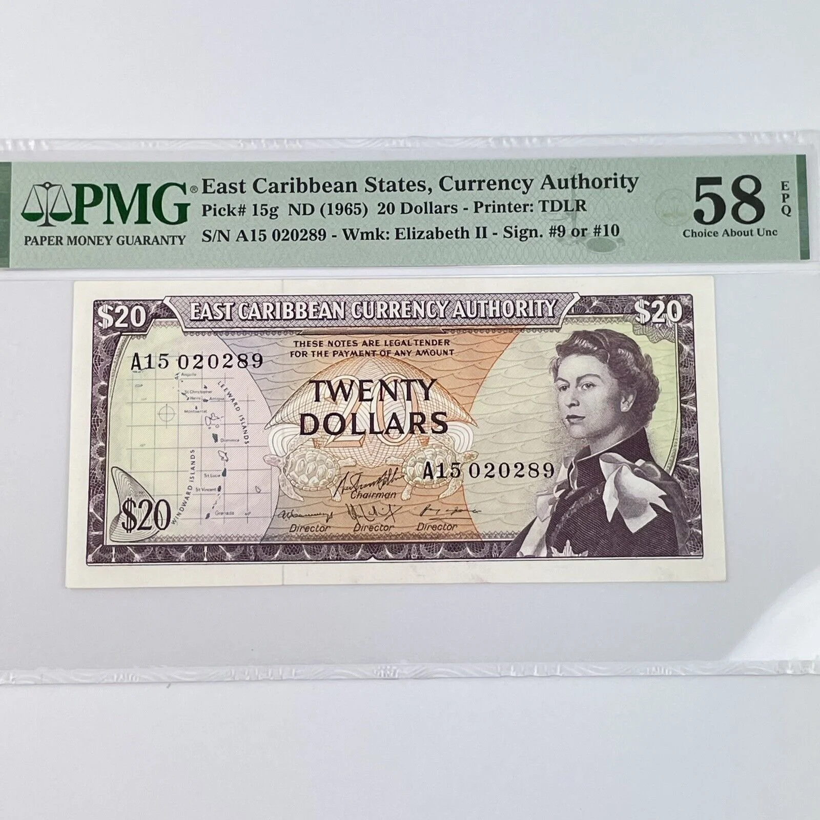 PMG Graded East Caribbean States 1965 $20 20 Dollar Note 58 EPQ Choice About Unc