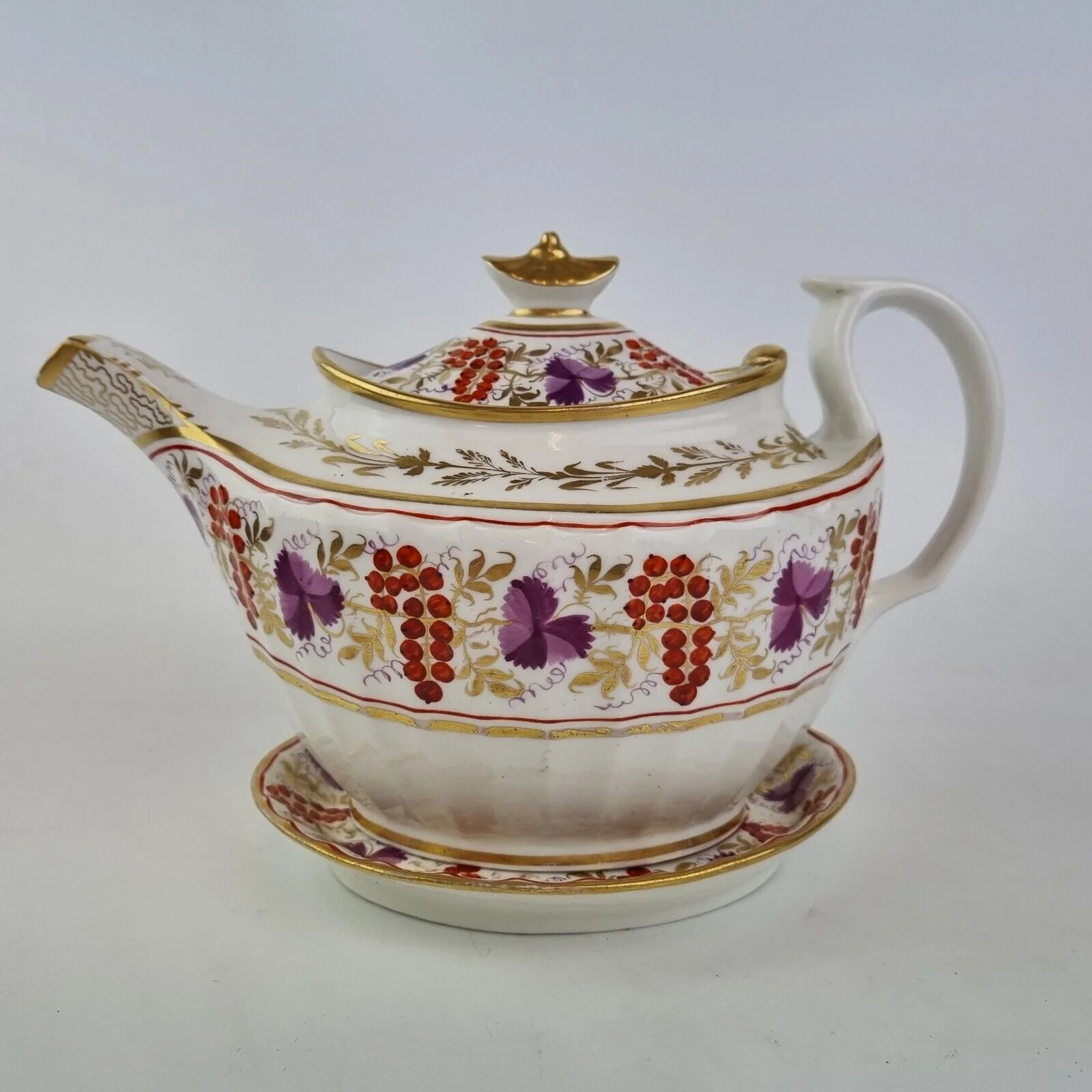Antique 19th Century Coalport Anstice Teapot & Stand Decorated Leaf & Berries