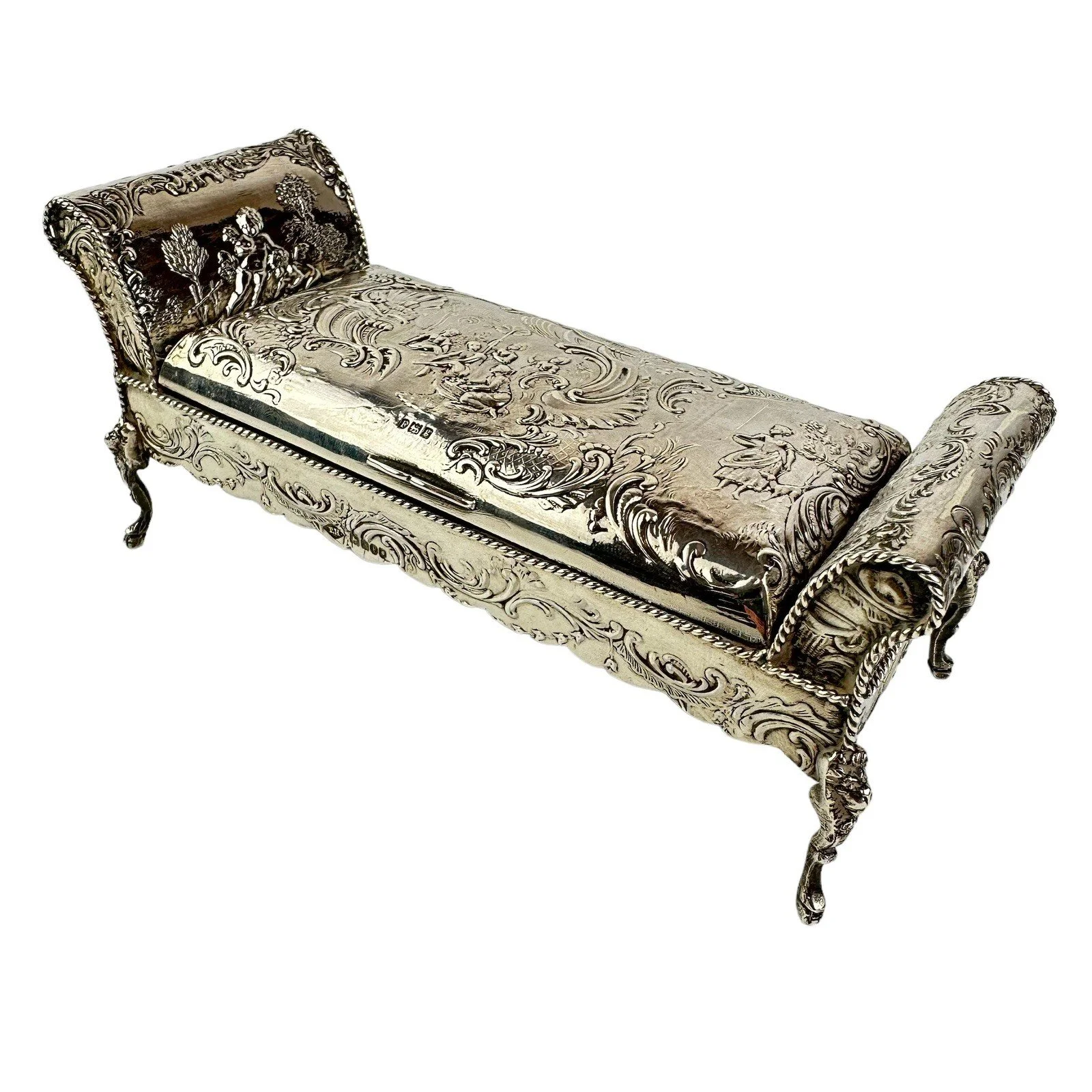 Antique Solid Silver Hanau Novelty Daybed Form Inkstand Inkwell 15.5cm 1902