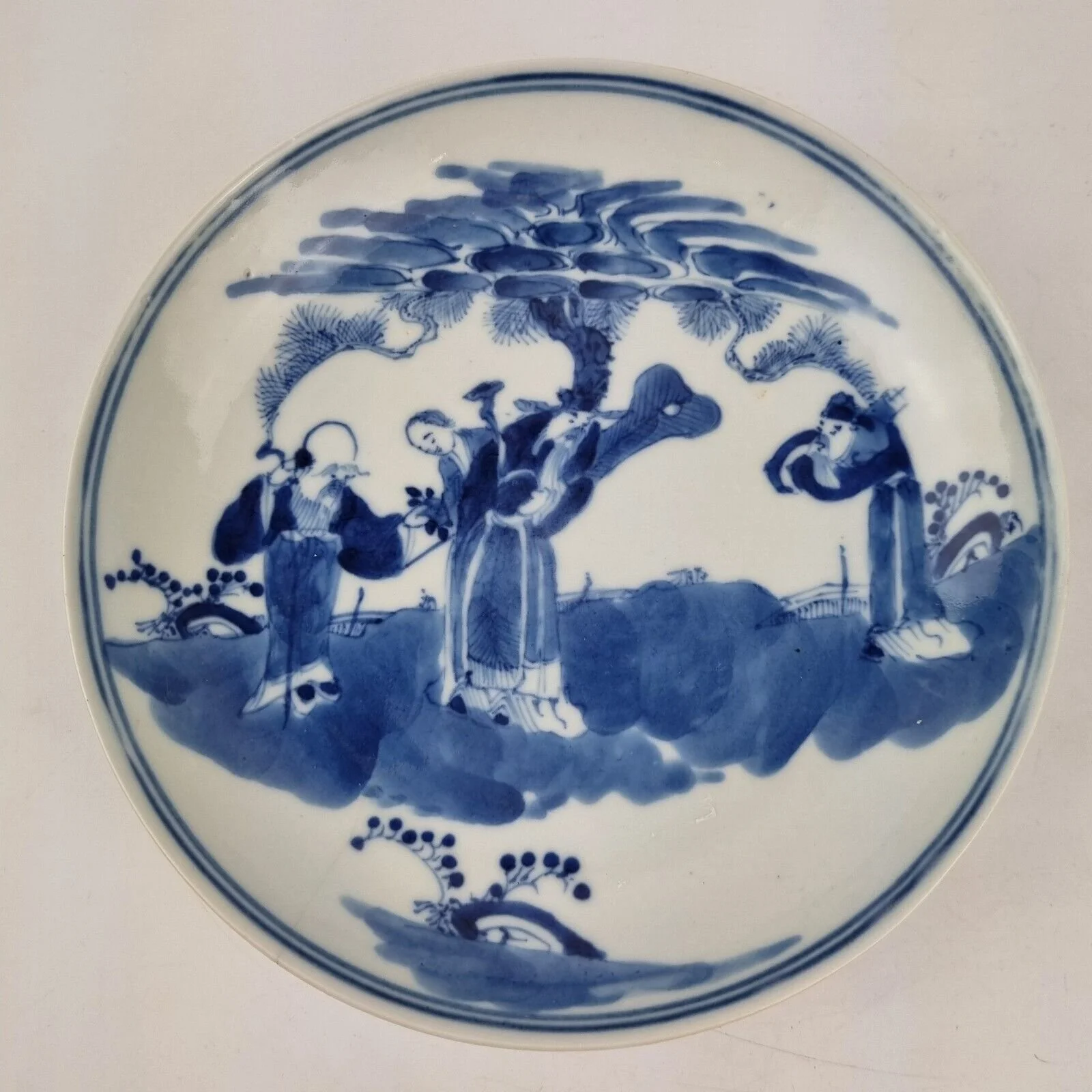 Antique Chinese Blue And White Dish Painted With Figures 4 Character Mark