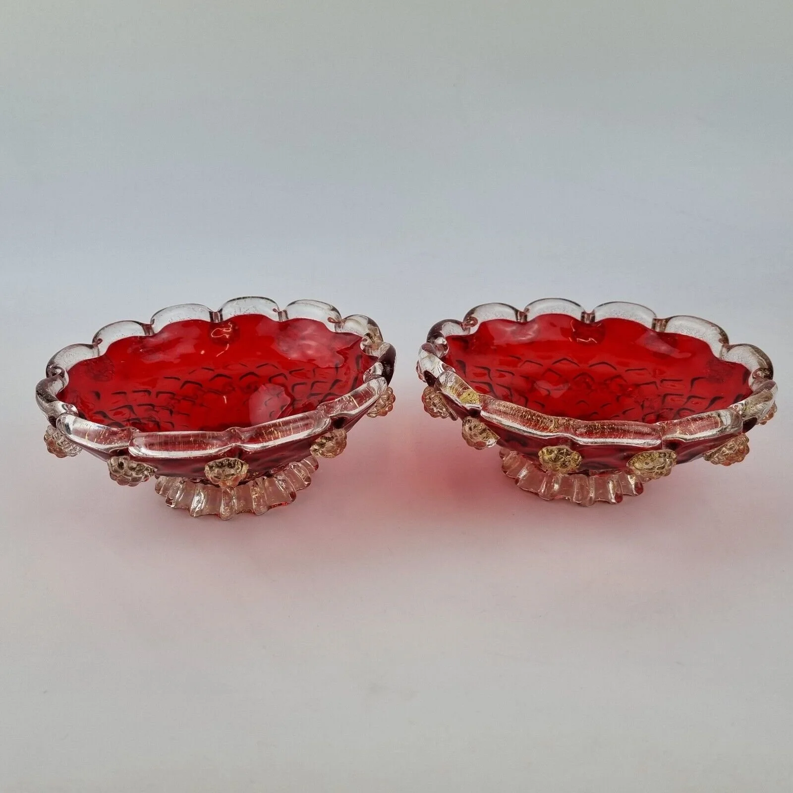 Vintage Pair Of Murano? Red Glass Bowls With Applied Raspberries 14.4cm