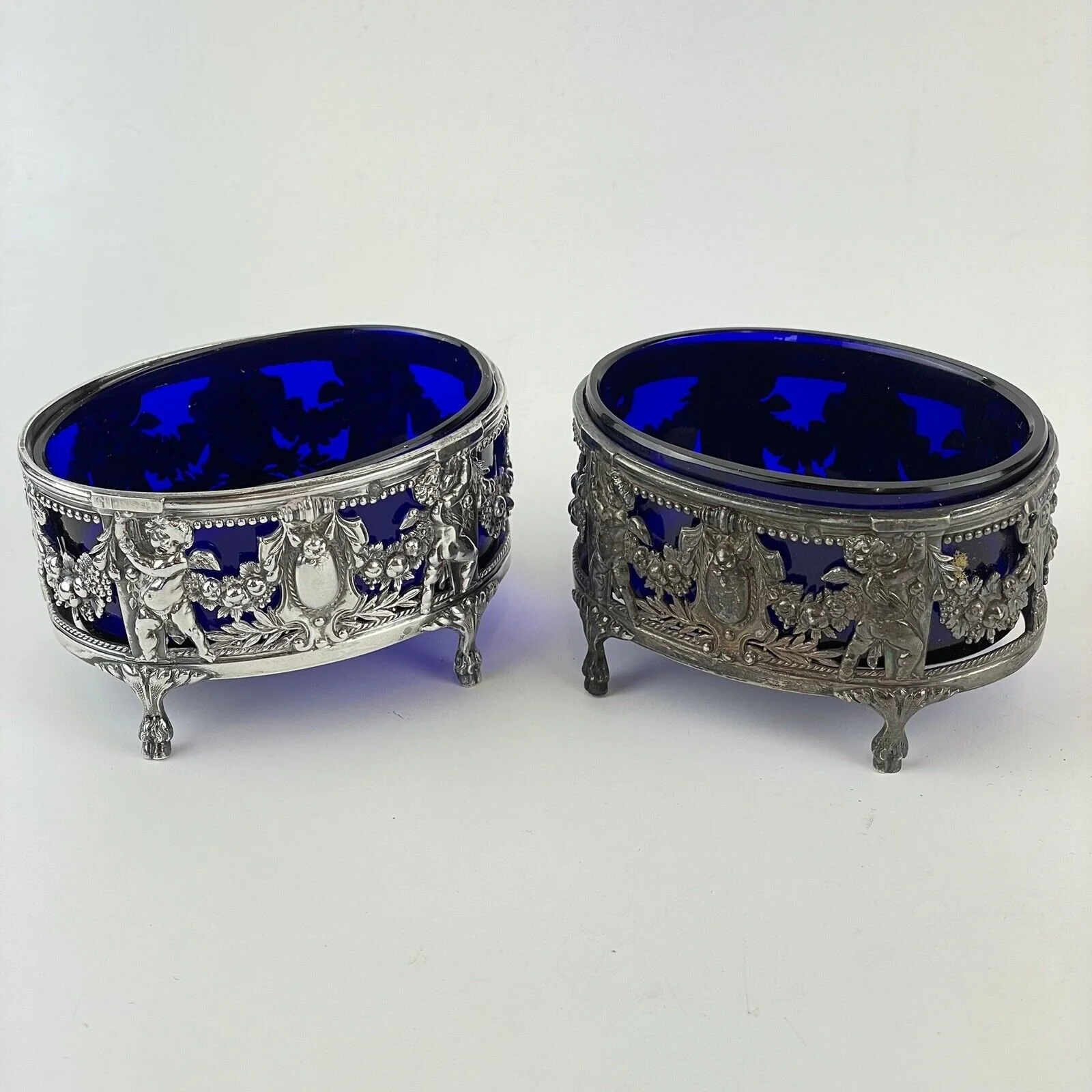 Pair Of Antique Continental Solid Silver Salts Cherubs Frederick Britten 8cm