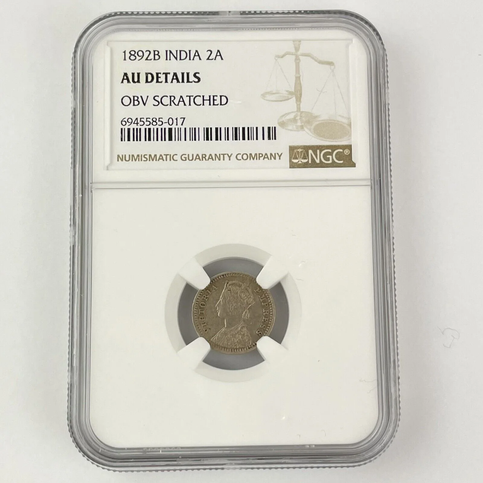 NGC Graded India 1892B 1892 Silver 2A 2 Annas Coin AU Details Obv Scratched