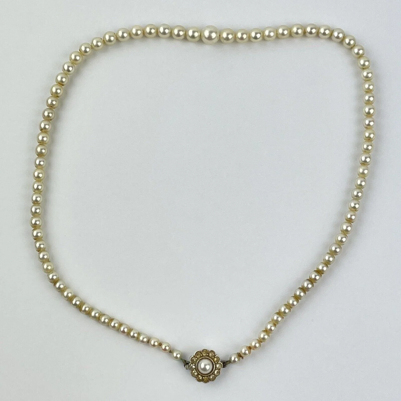 Vintage 9ct White Gold & CZ Graduated Pearl Bead Necklace 38cm