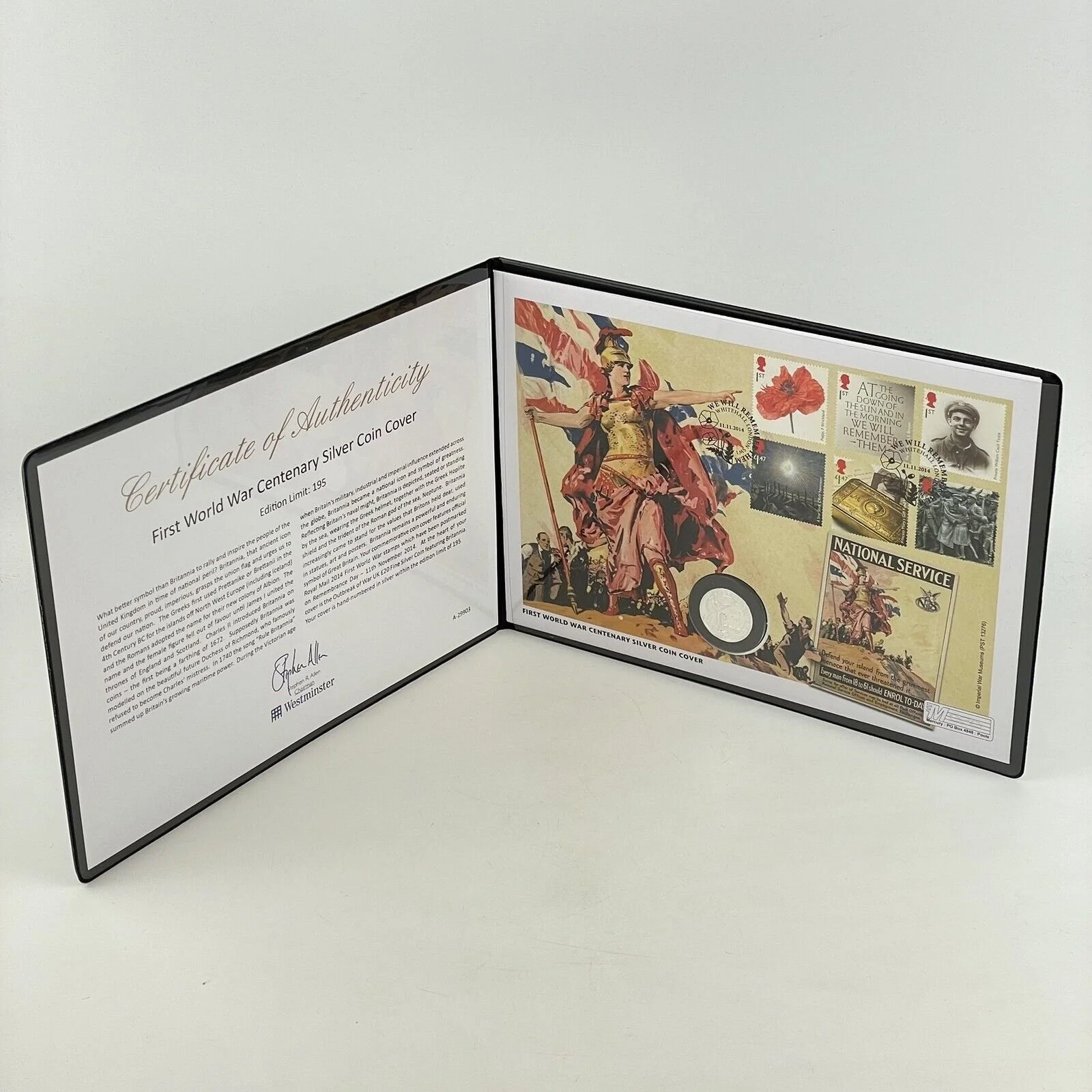First World War Centenary Britannia Silver £20 Coin Cover 2014 Westminster