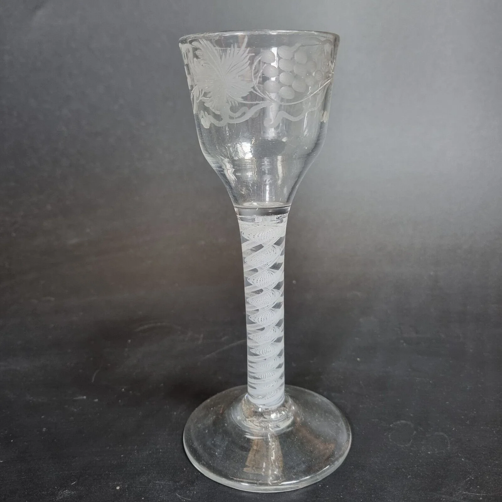 Antique 18th Century Wine Glass Engraved Bowl & Double Opaque Twist Stem 14.5cm