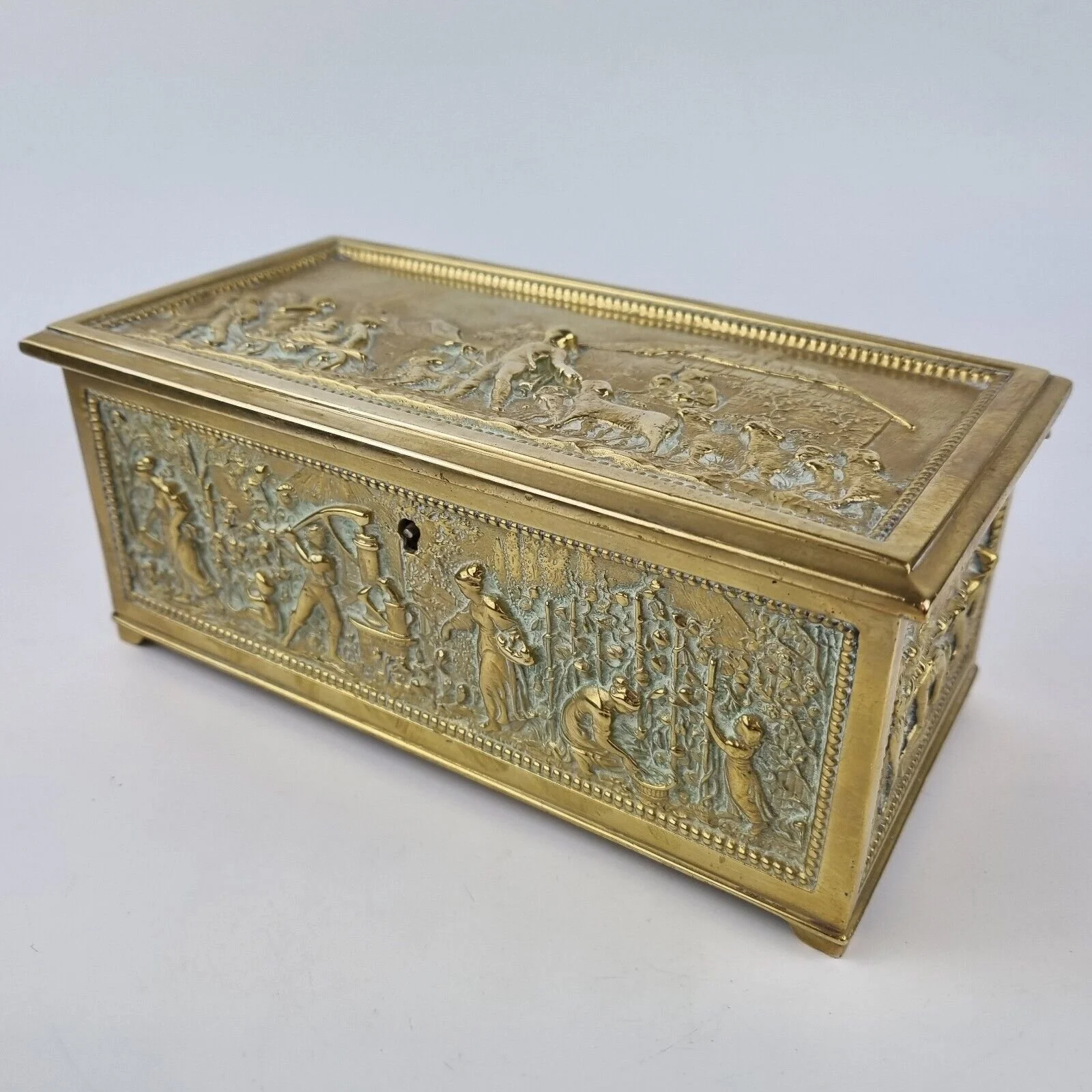 Antique French? Gilt Brass Casket Box Decorated Rural Scenes Marked "RK" 20cm
