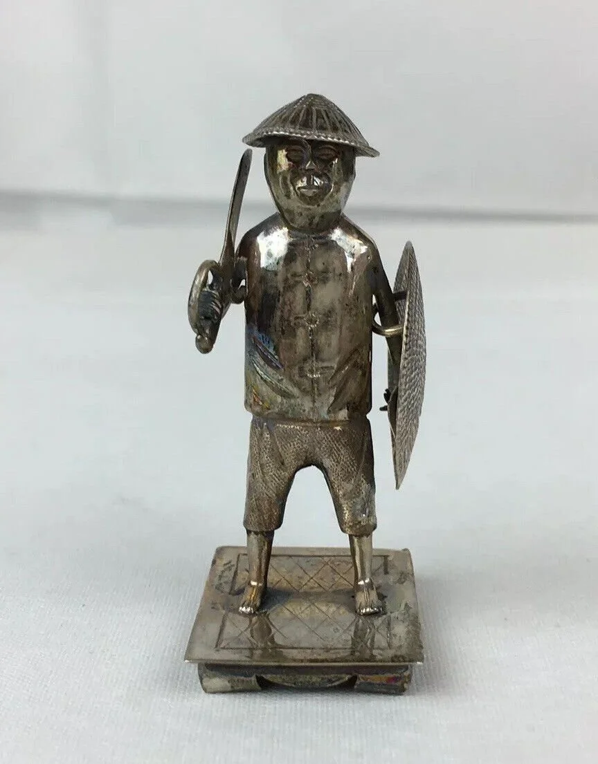 Antique Solid Silver Chinese Export Soldier Sword & Shield Signed N.M Figure