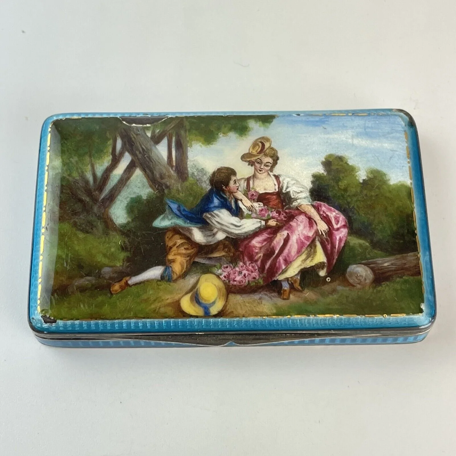 Antique Continental Solid Silver Enamel Snuff Box Courting Couple Scene 7.8cm
