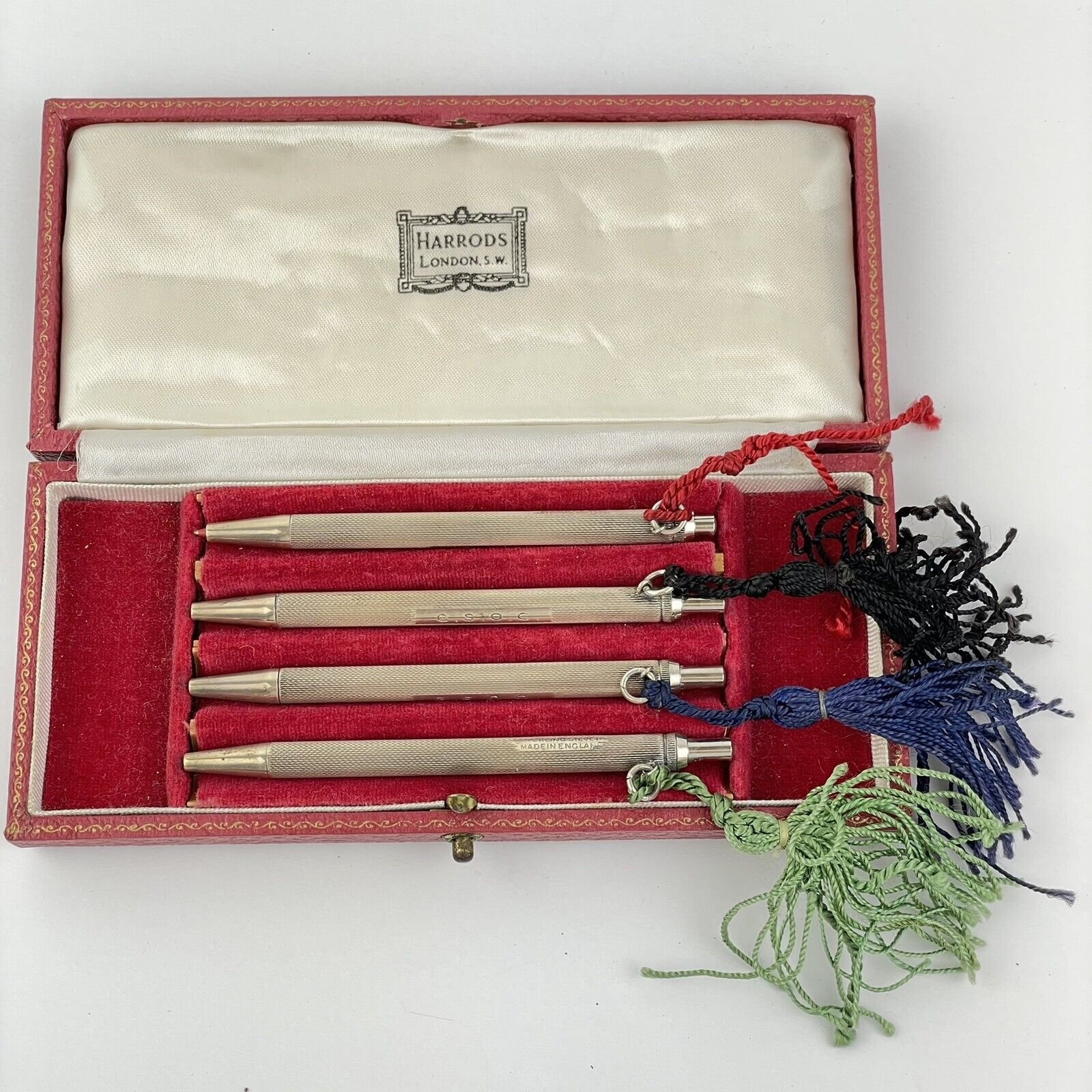 Vintage Set Of 4 Cased Solid Sterling Silver Bridge Pens Harrods 8.7cm