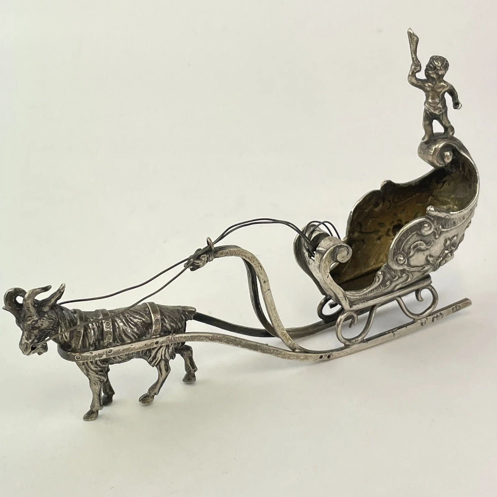 Antique Continental Solid Silver Goat And Sleigh With Putti Figure 14.5cm 77g