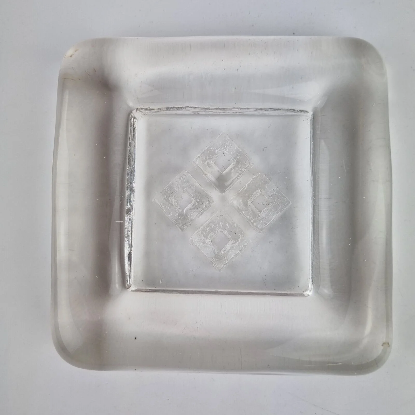 Erik Hoglund Kosta Boda Clear Glass Paperweight Dish Geometric Design .Wheeler Antiques
