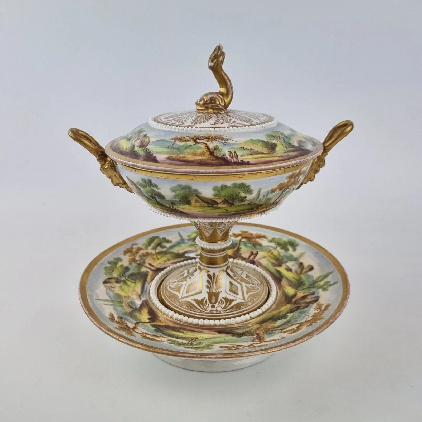 Antique 19th Century Cabinet Loving Cup And Saucer With Cover Painted Landscape
