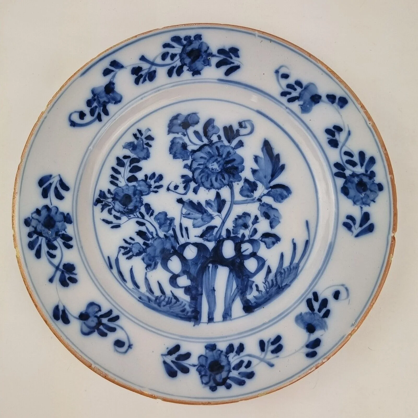 Antique 18th Century Delft Blue And White Plate Decorated With Flowers 22.5cm #1