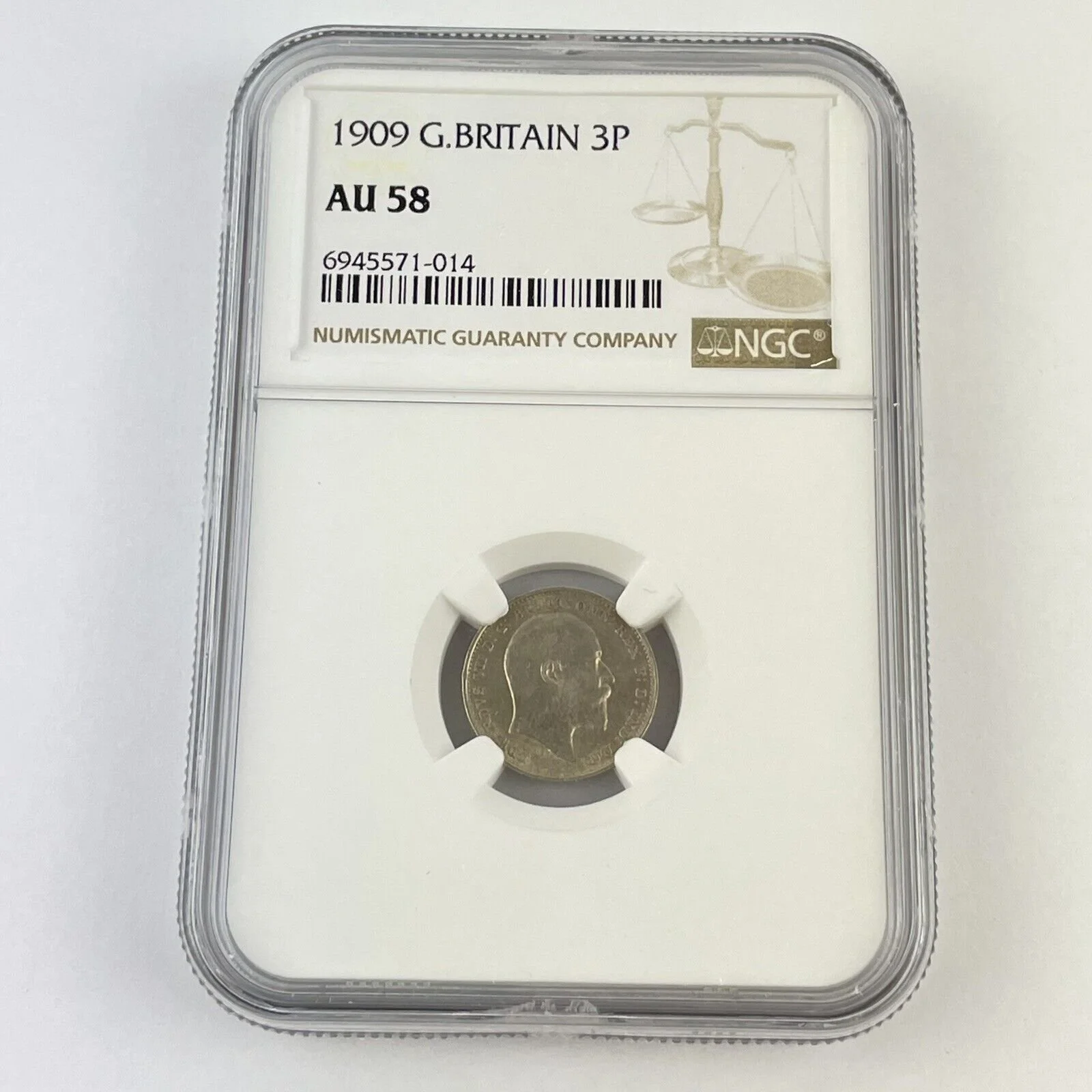 Great Britain 1909 3P Threepence Edward VII Silver Coin NGC Graded AU58