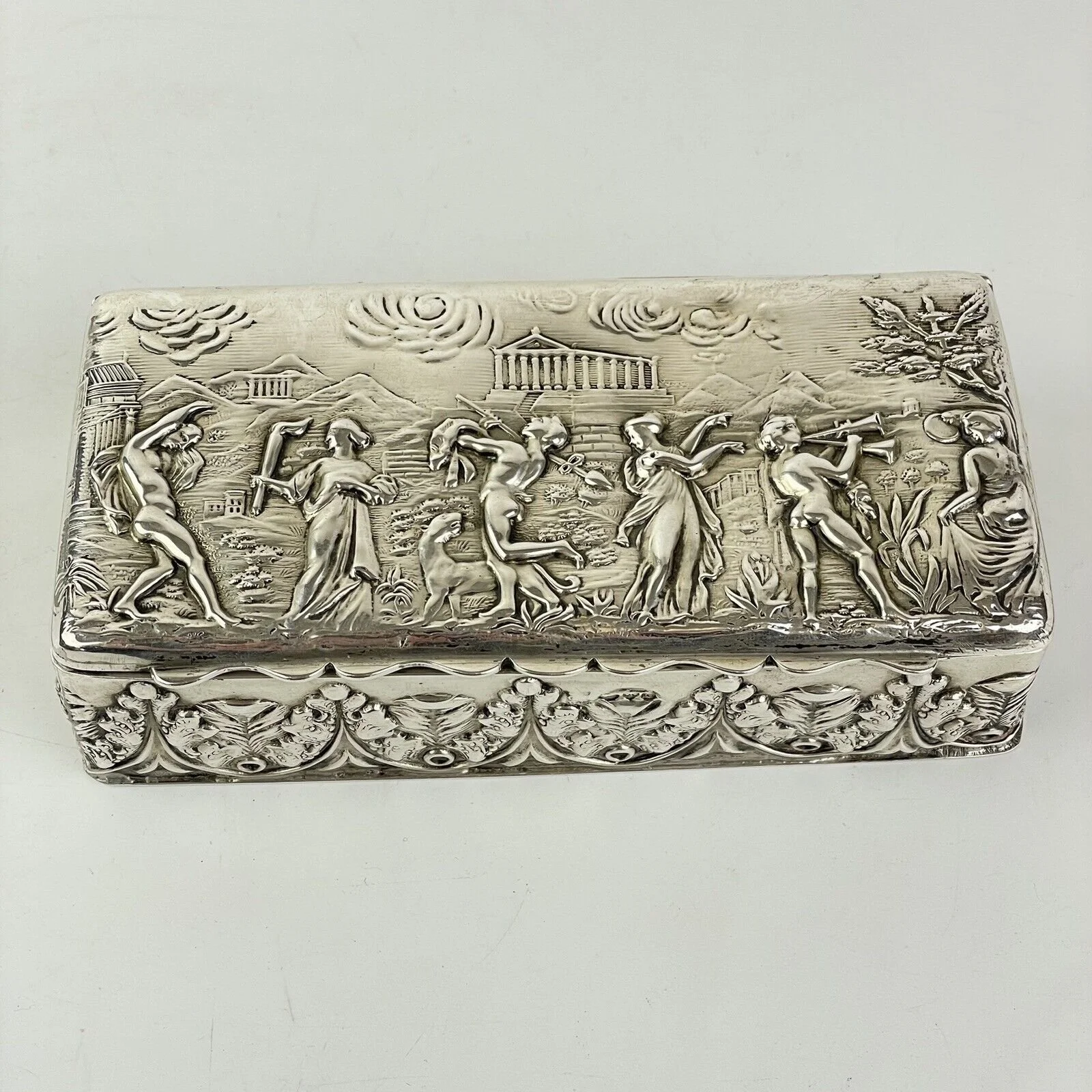 Antique Solid Silver Trinket Box Classical Dancers Scene Nathan & Hayes 13cm