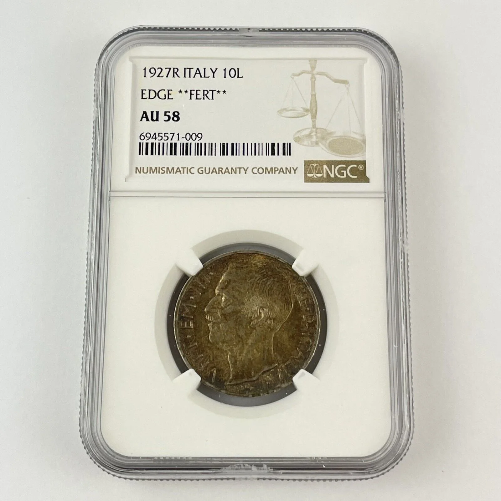 NGC graded 1927 R 1927R Italy 10L 10 Lire Edge Fert AU58 AU 58 Coin