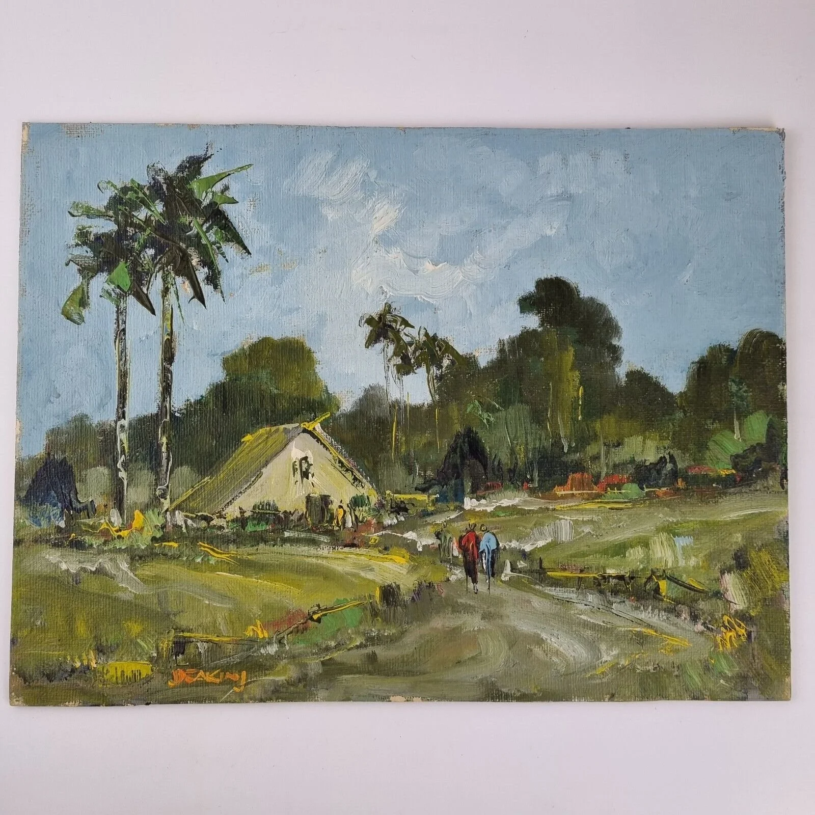 George R. Deakins Signed Oil On Board Figures Tropical Landscape