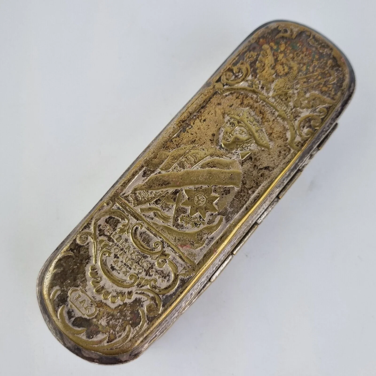 Antique 19thC Dutch Silver Plated Tobacco Box Portrait "Fredericus Borusso Rex"