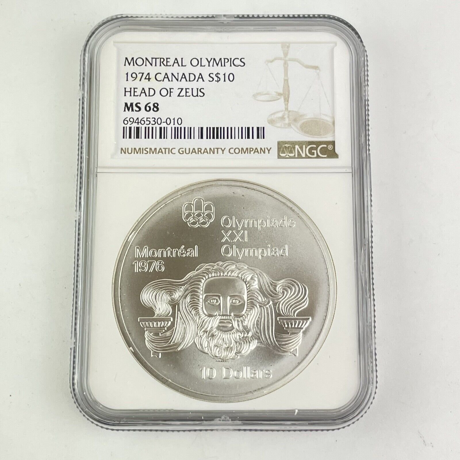 NGC Graded Montreal Olympics 1974 Canada $10 Silver Zeus Mint State MS 68 Coin