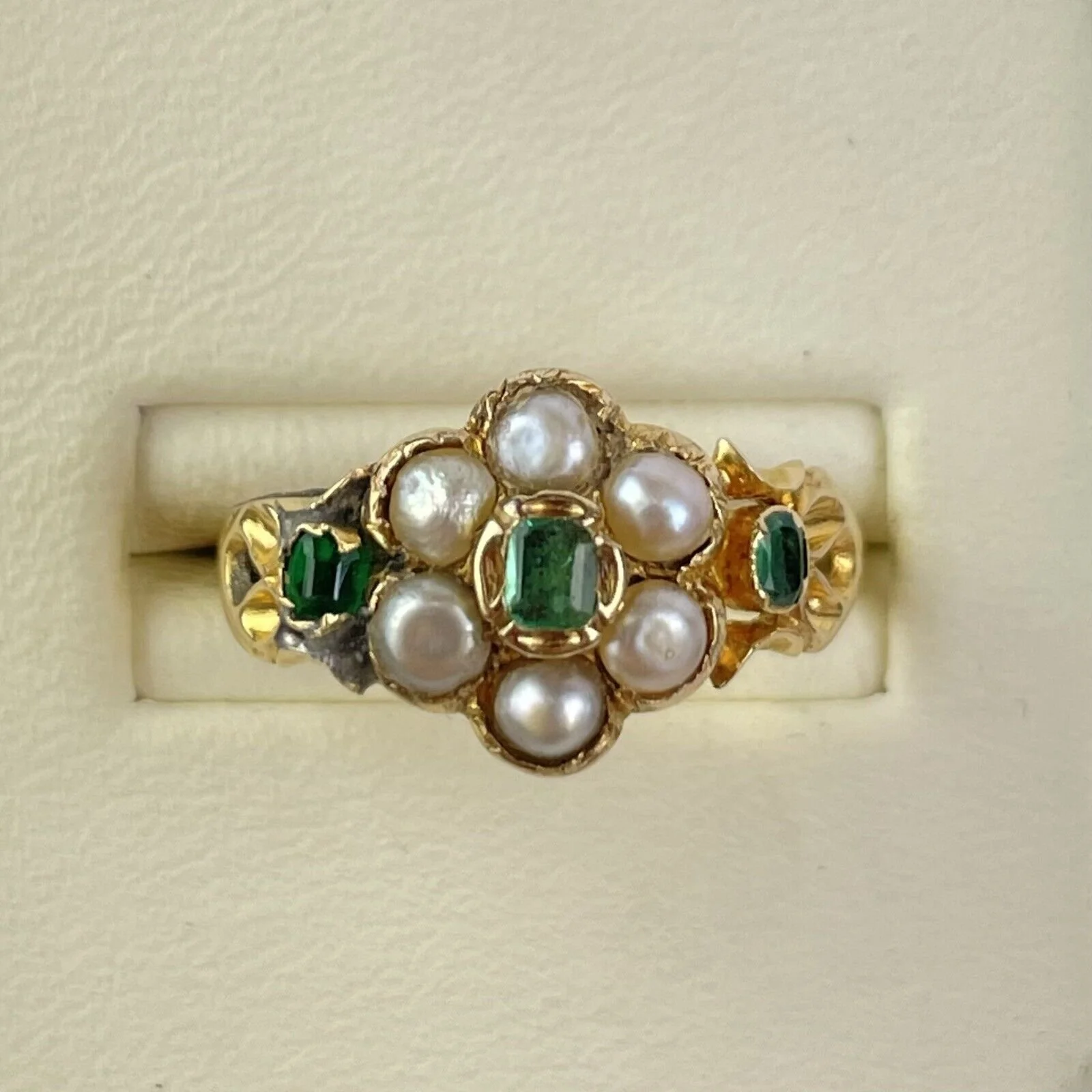 Antique Georgian Yellow Metal Seed Pearl & Emerald Engagement Ring Size O 1/2
