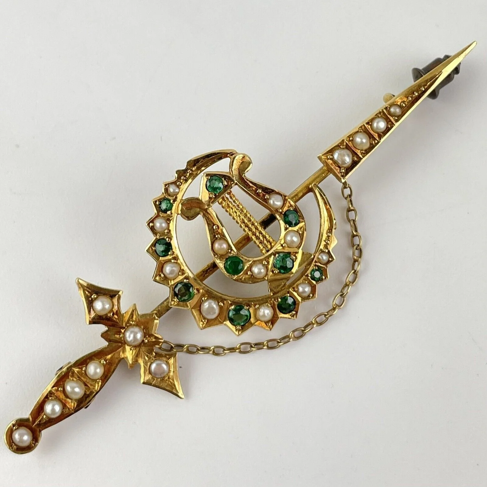 Antique 15ct Yellow Gold Seed Pearl & Emerald Sword Harp & Crescent Brooch 7.7cm