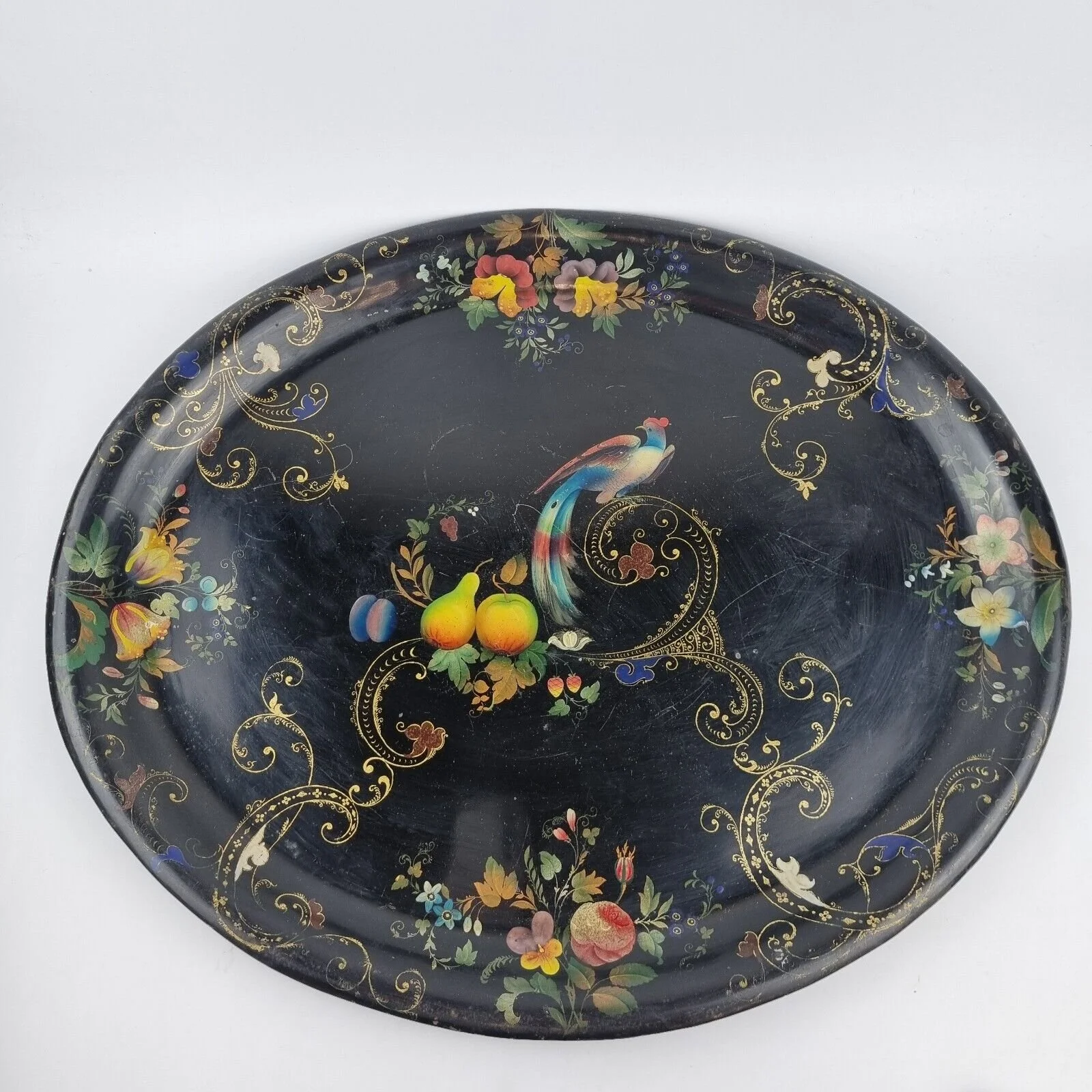 Antique 19th Century Toleware Tray Painted With Bird, Flowers & Fruit 50.5cm