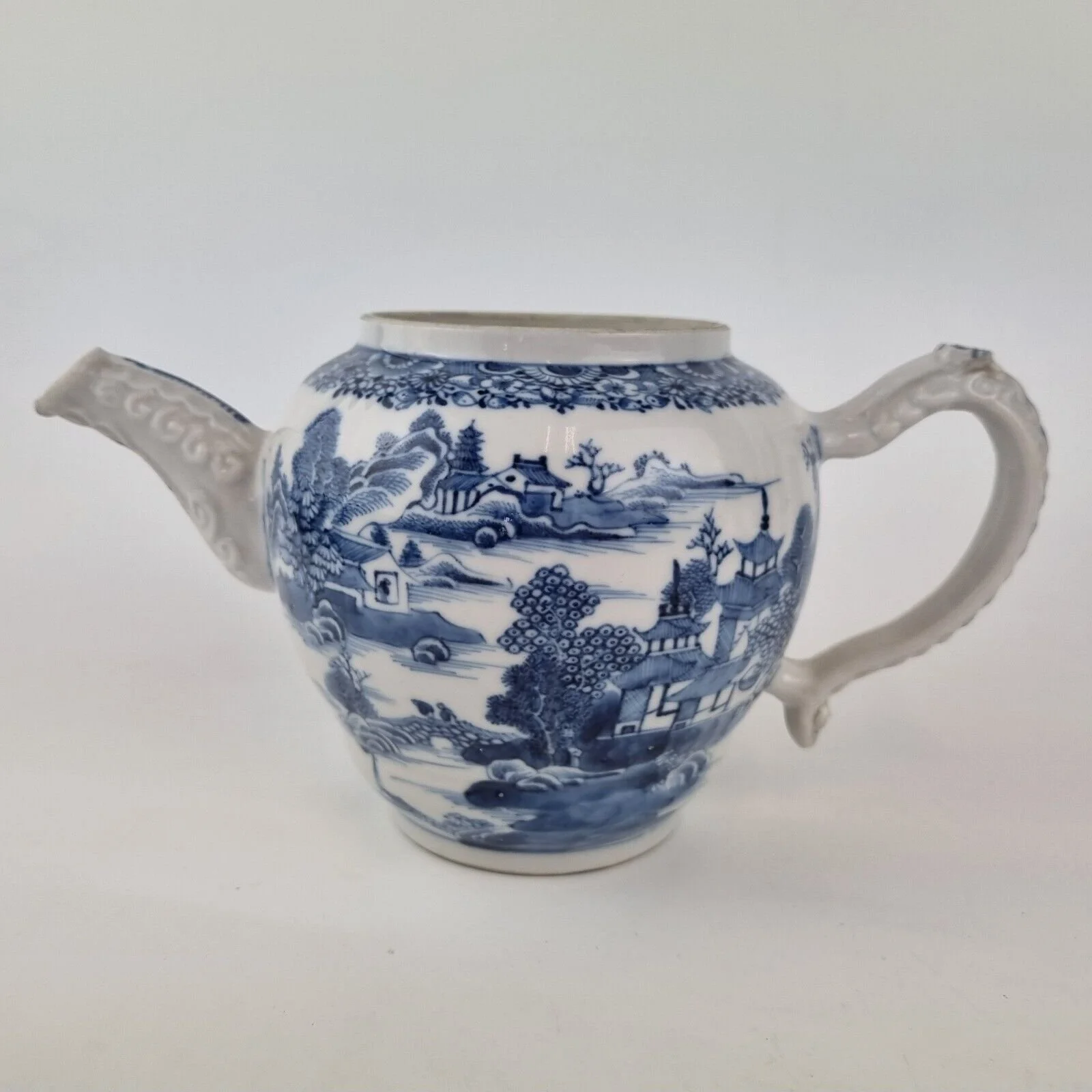 Antique 18th Century Chinese Blue And White Teapot With Landscape Decoration