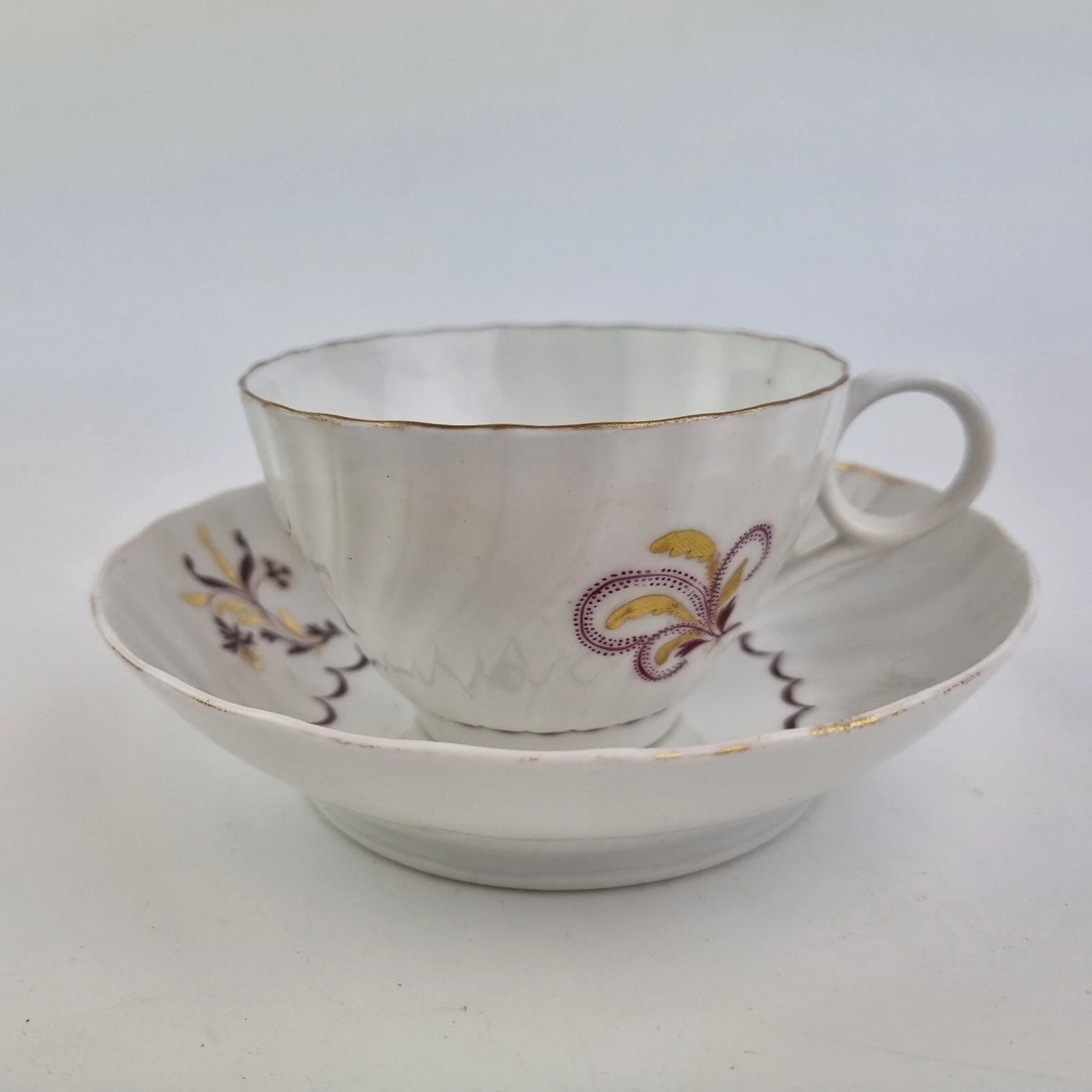 Antique 19th Century Worcester Fluted Cup And Saucer Decorated Flowers #2