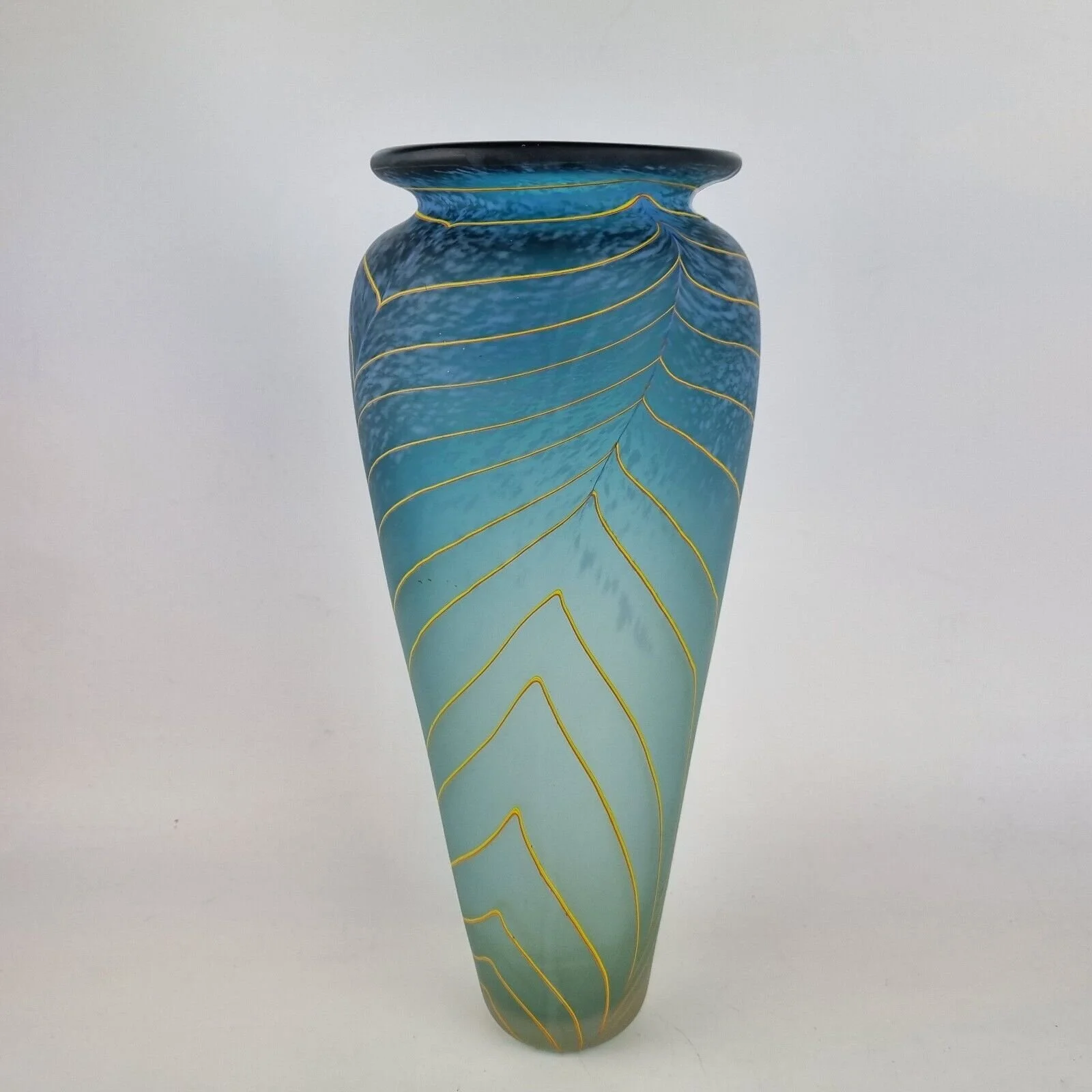 Large Art Glass Studio Vase 31cm Mottled Blue Leaf Decor Will Shakspeare Signed