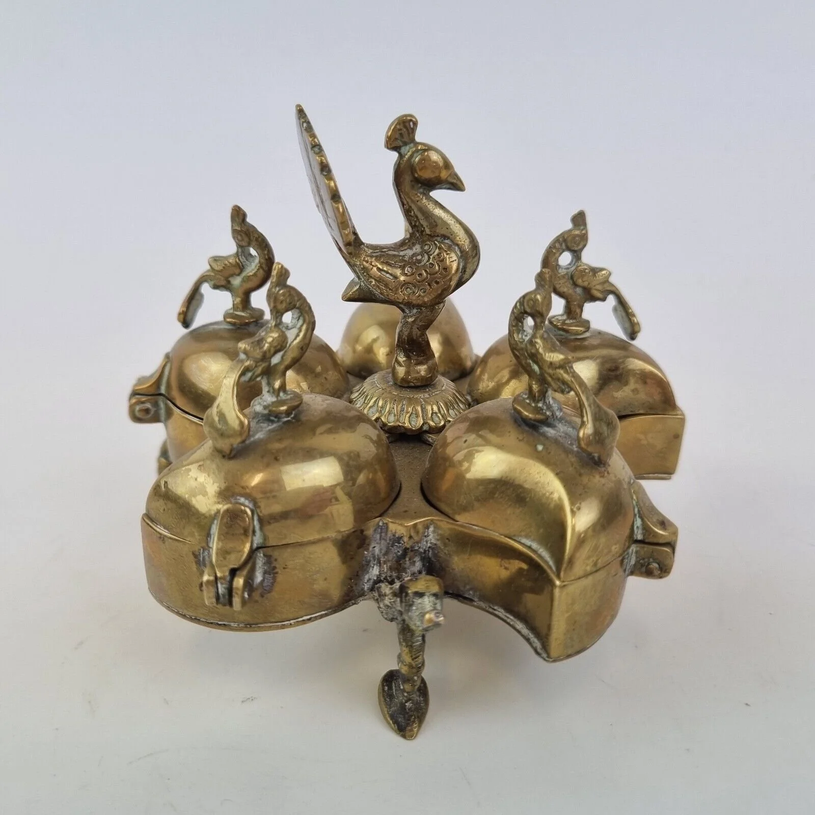 Antique Indian Brass Spice Dish Containers With Peacock 10cm Diameter