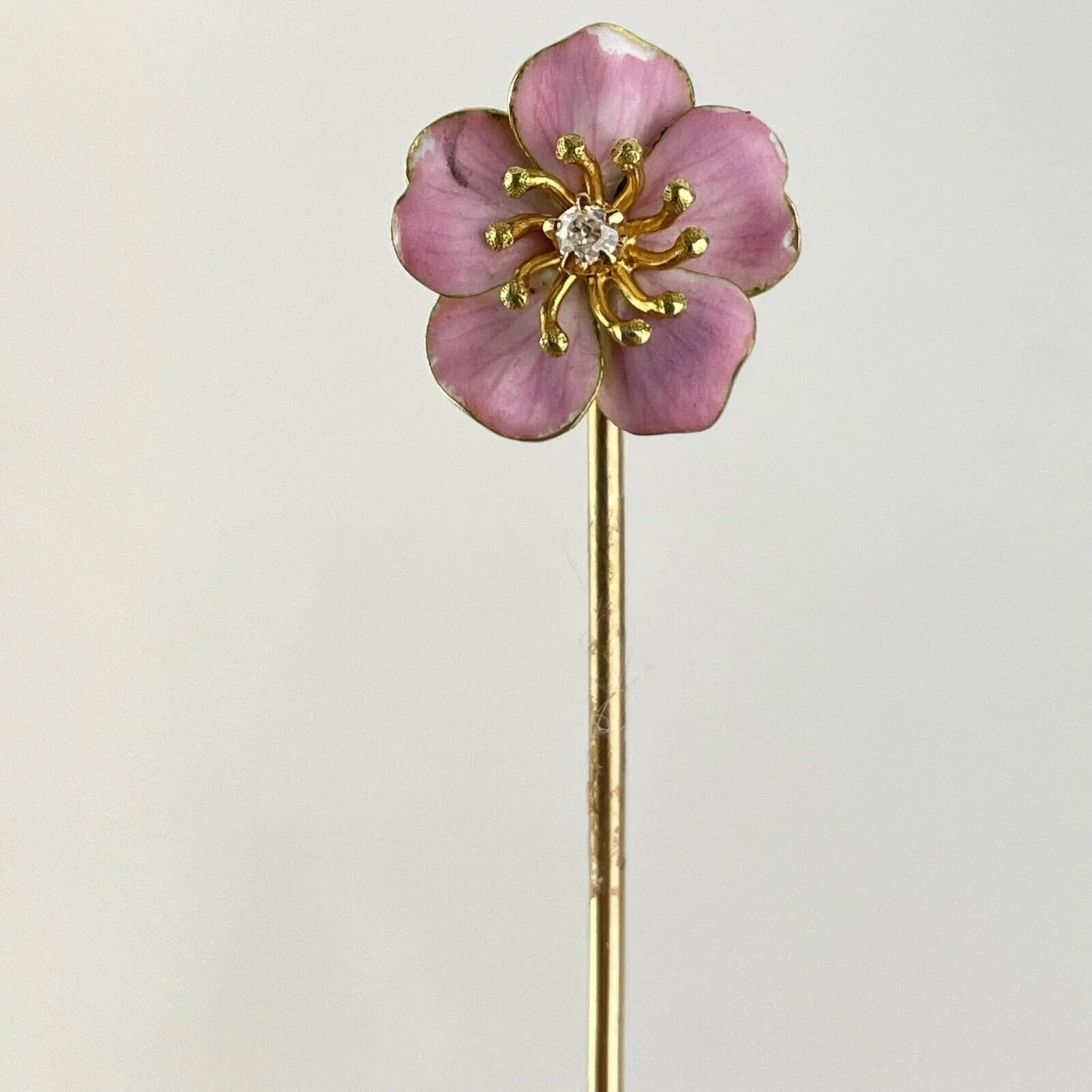 Antique Yellow Precious Metal Pink Enamel & Diamond Flower Stick Pin 6.5cm