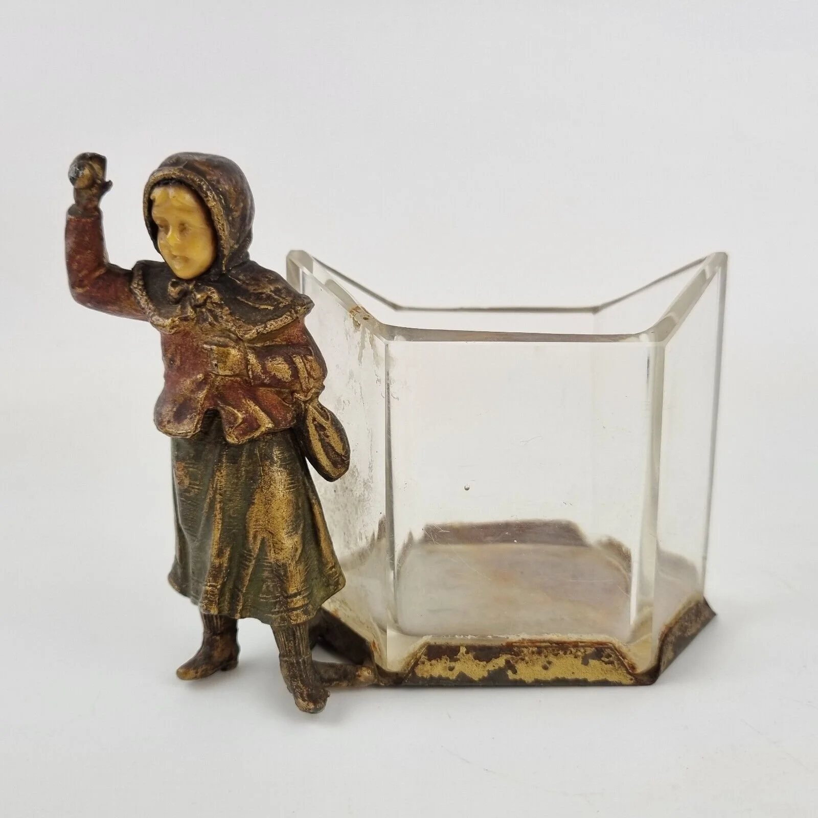 Antique Spelter Figure Of A Girl Holding Snowball With Glass Liner Pot/Planter