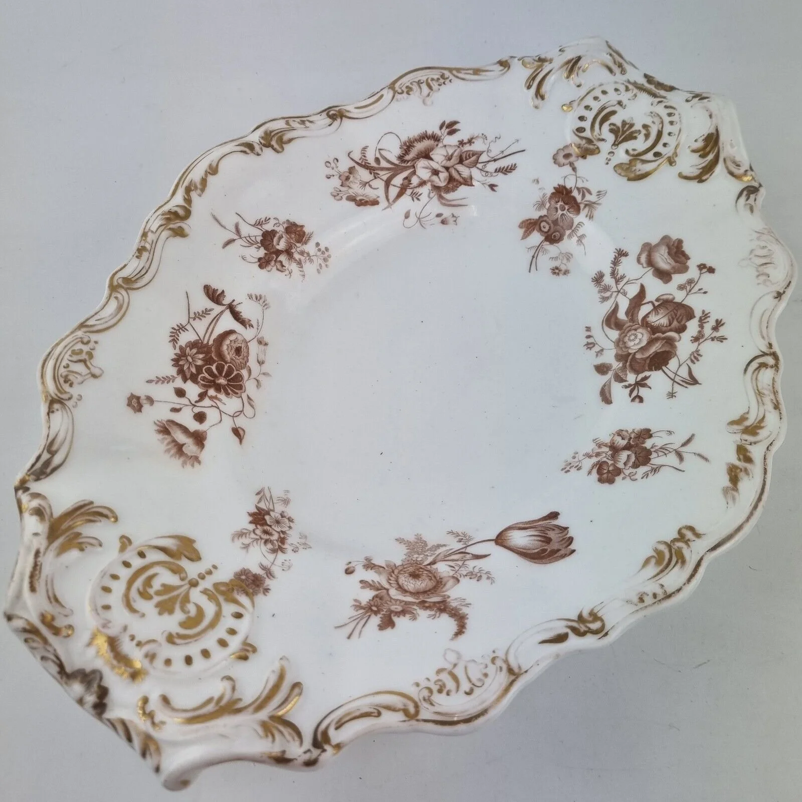 Antique 19thC Copeland & Garrett Shaped Serving Dish Printed Flowers #1