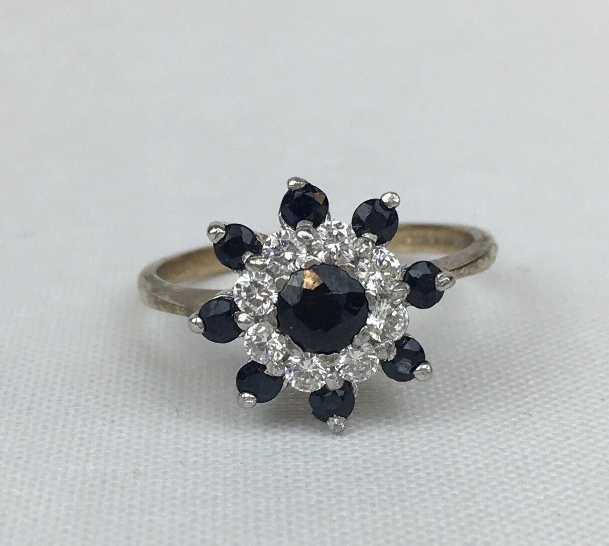 Vintage 1989 9ct Yellow Gold Sapphire & CZ Cluster Dress Ring Size P 1/2 - Q
