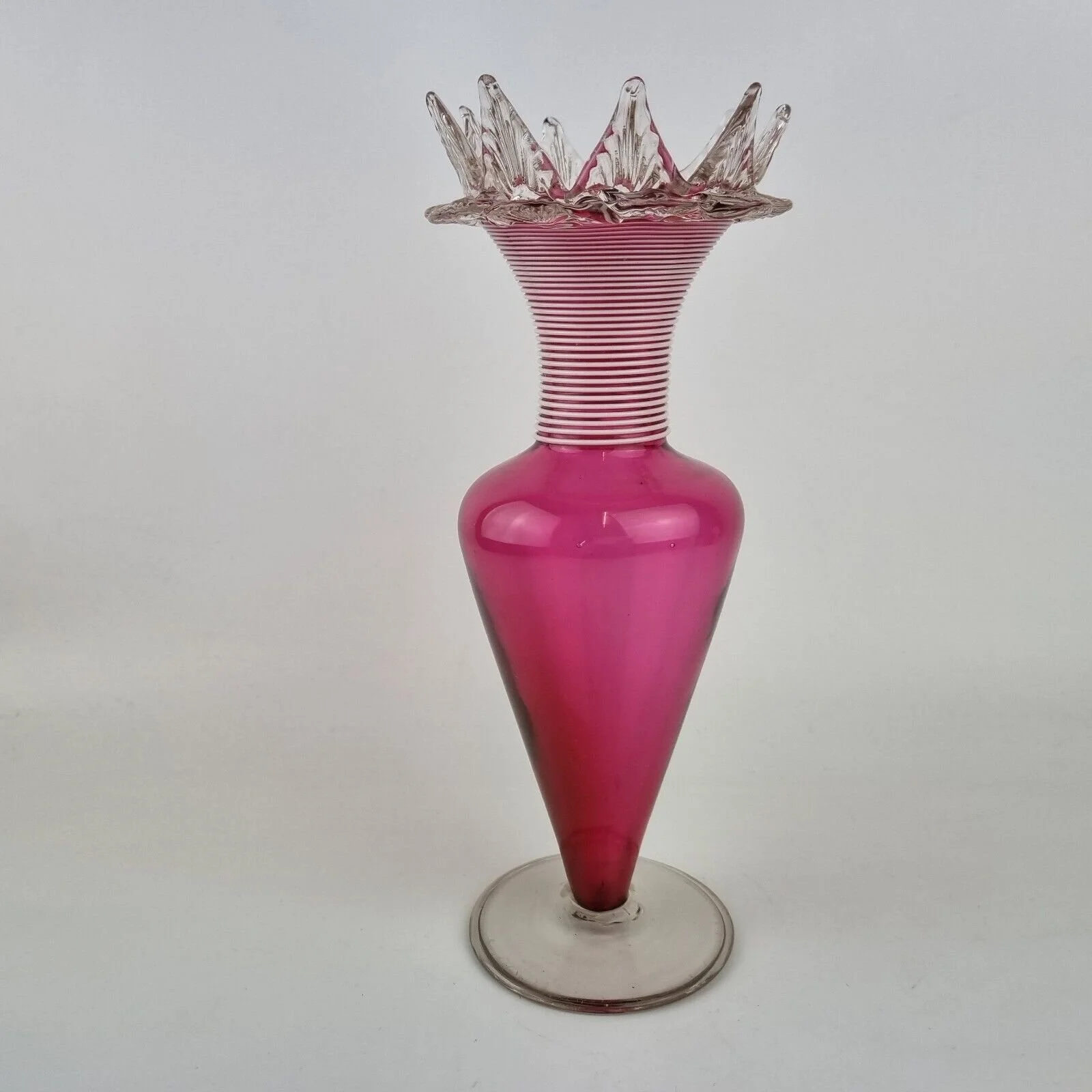 Antique Cranberry Glass Vase With Tube Lined Neck & Crown Rim 24.5cm High