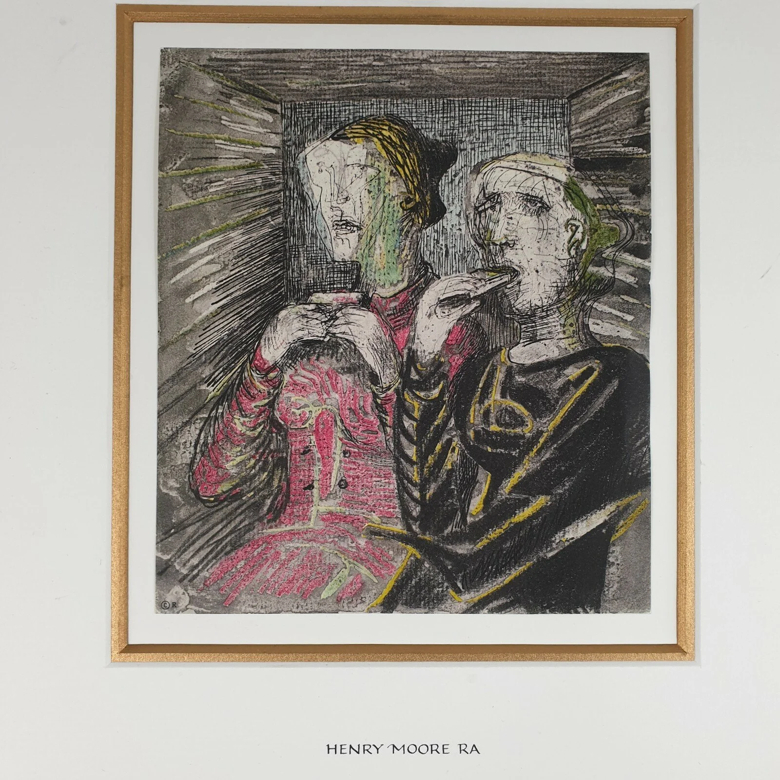 Henry Moore RA Colour Lithograh Print 2 Figures Eating Underground