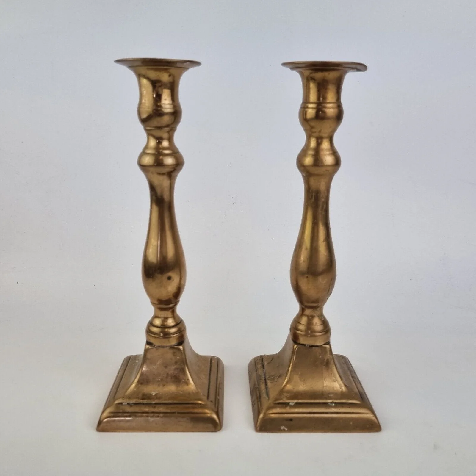 Antique Pair Brass Candlesticks 19th Century 22cm High