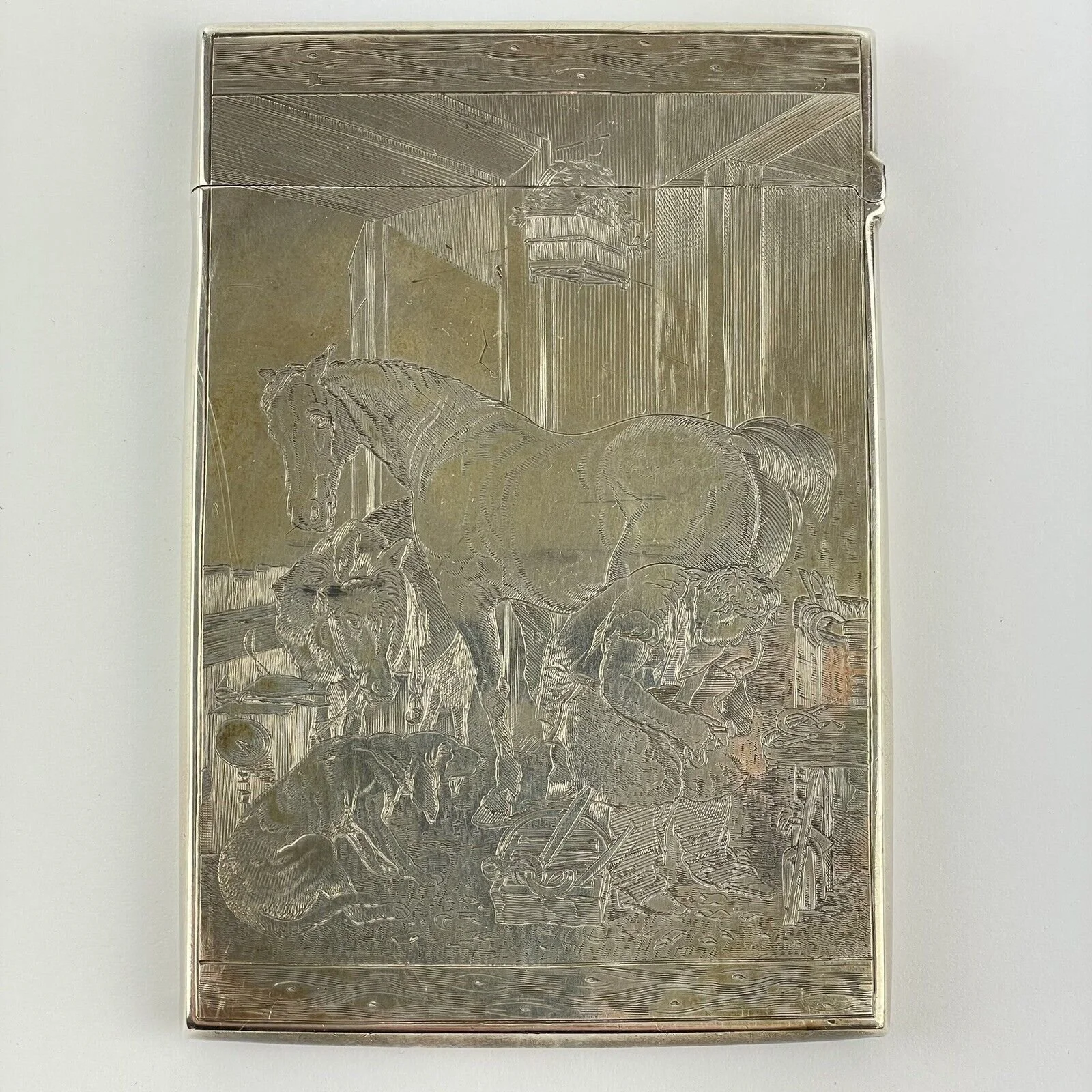 Antique Solid Silver Card Case Man Shoeing Horse Engraved Robert Henry 1880