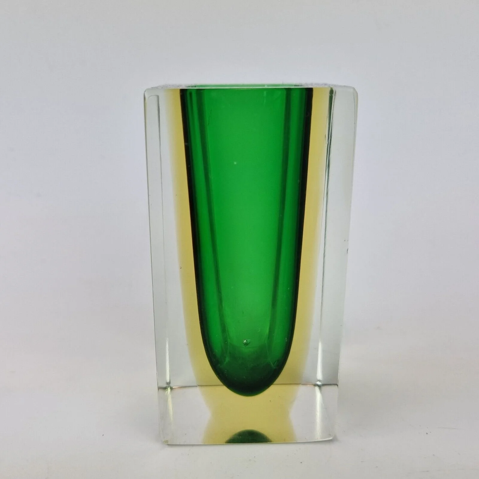Vintage Small Murano Glass Sommerso Vase Green & Orange 8.5cm High