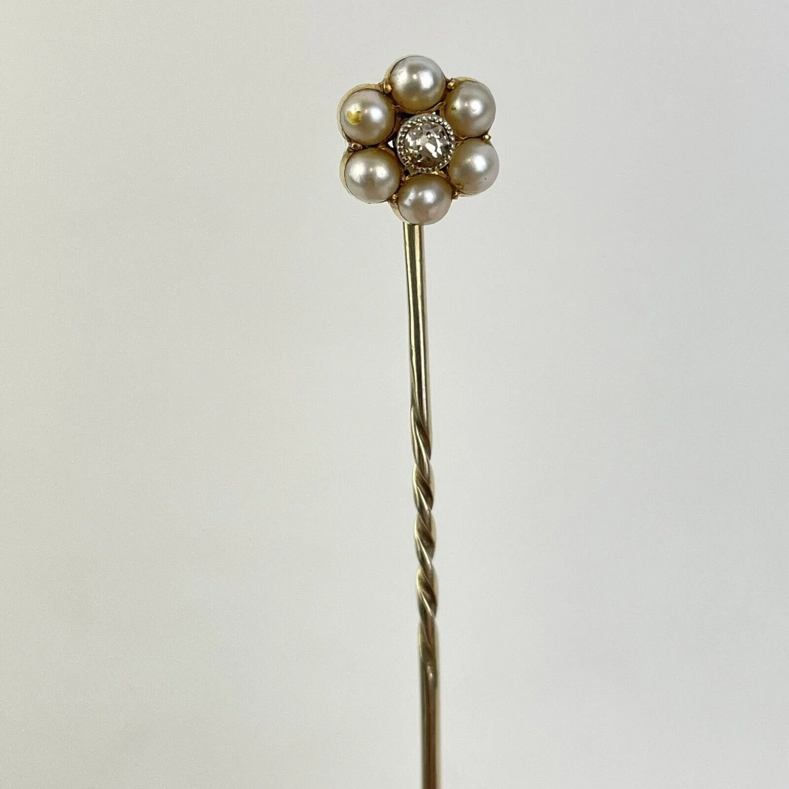 Antique Yellow Precious Metal Pearl & Diamond Flower Head Stick Pin 5.5cm